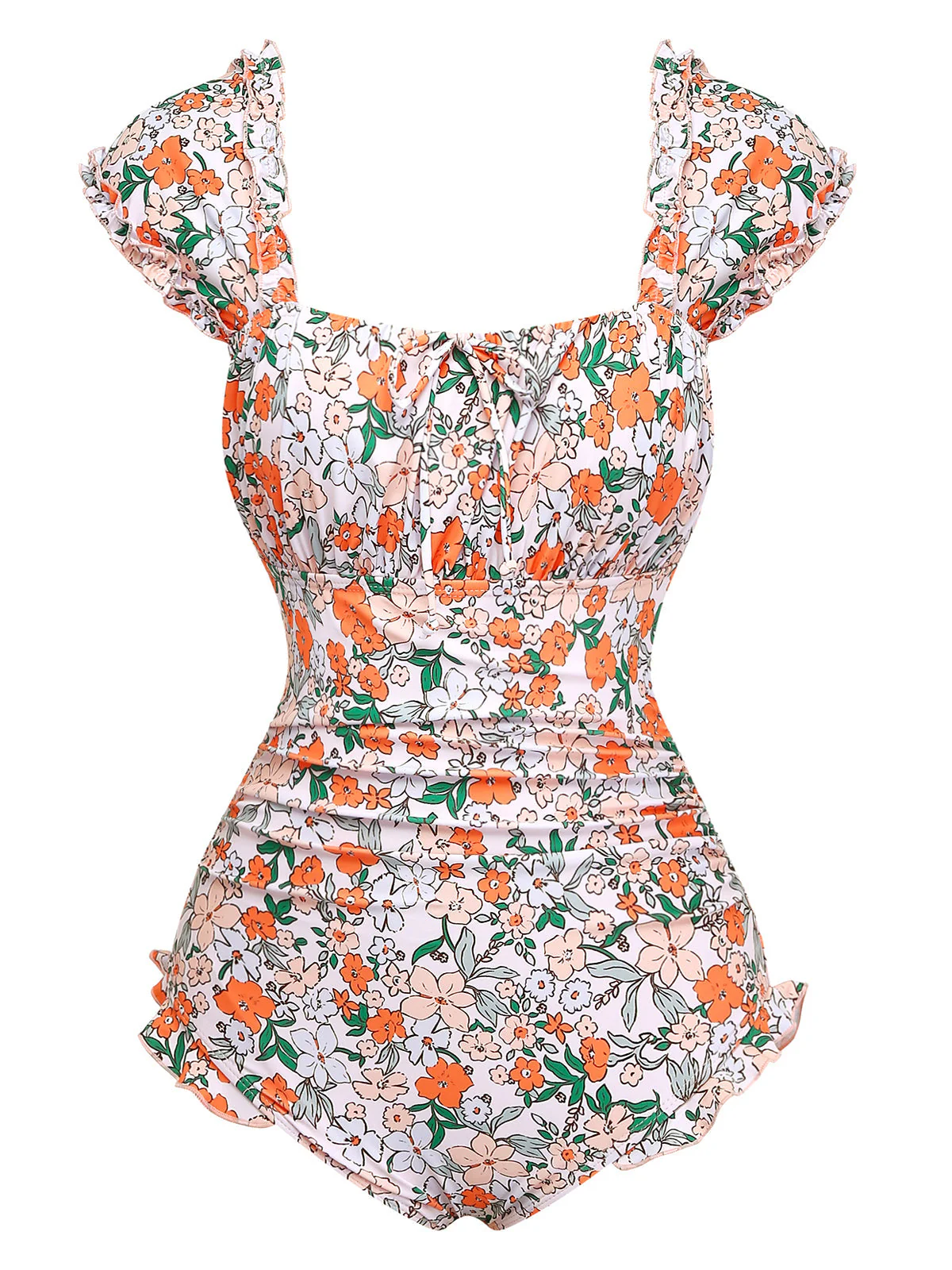 50er Badeanzug mit Blumen, Rüschen und Flügelärmeln - Image 2