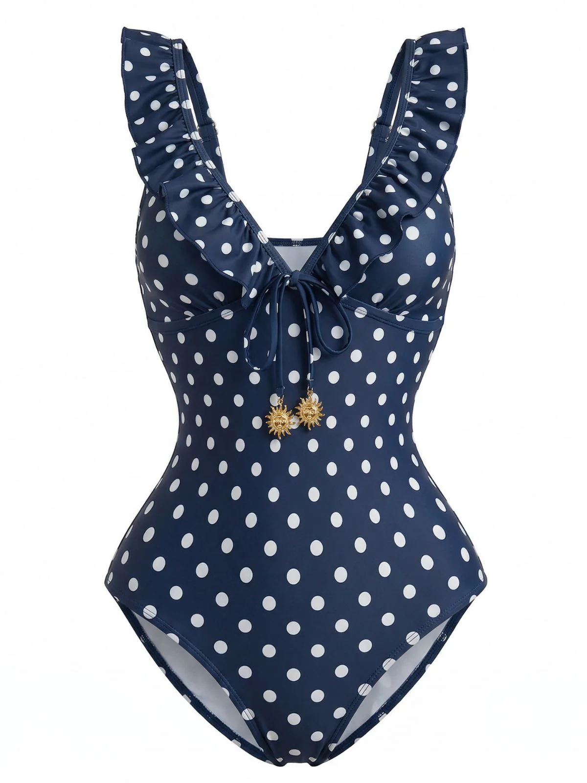 50er Badeanzug mit Polka-Dots, Rüschen und V-Ausschnitt in Dunkelblau - Image 3