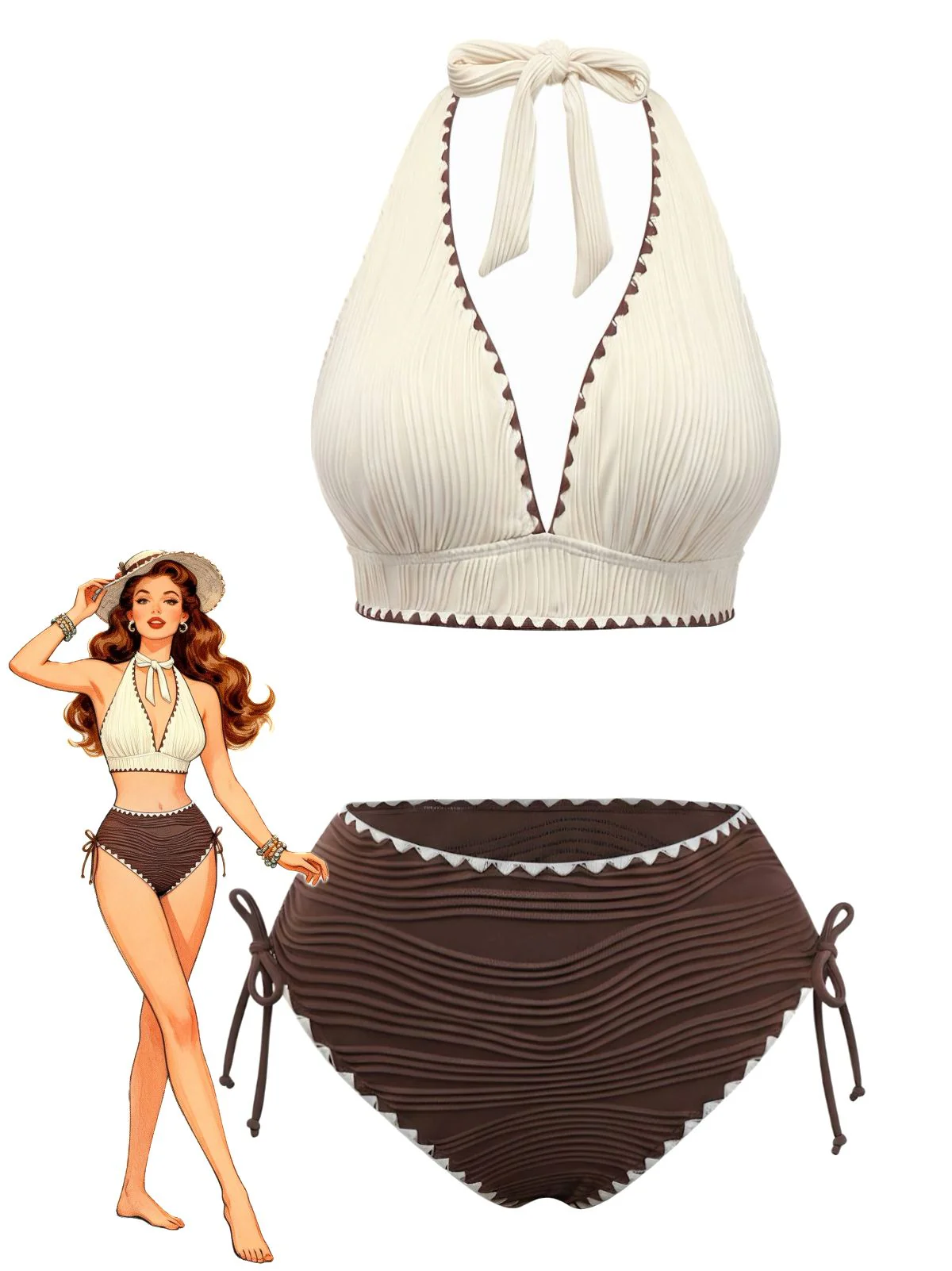 50er Bikini-Set mit Neckholder, hoher Taille und geripp