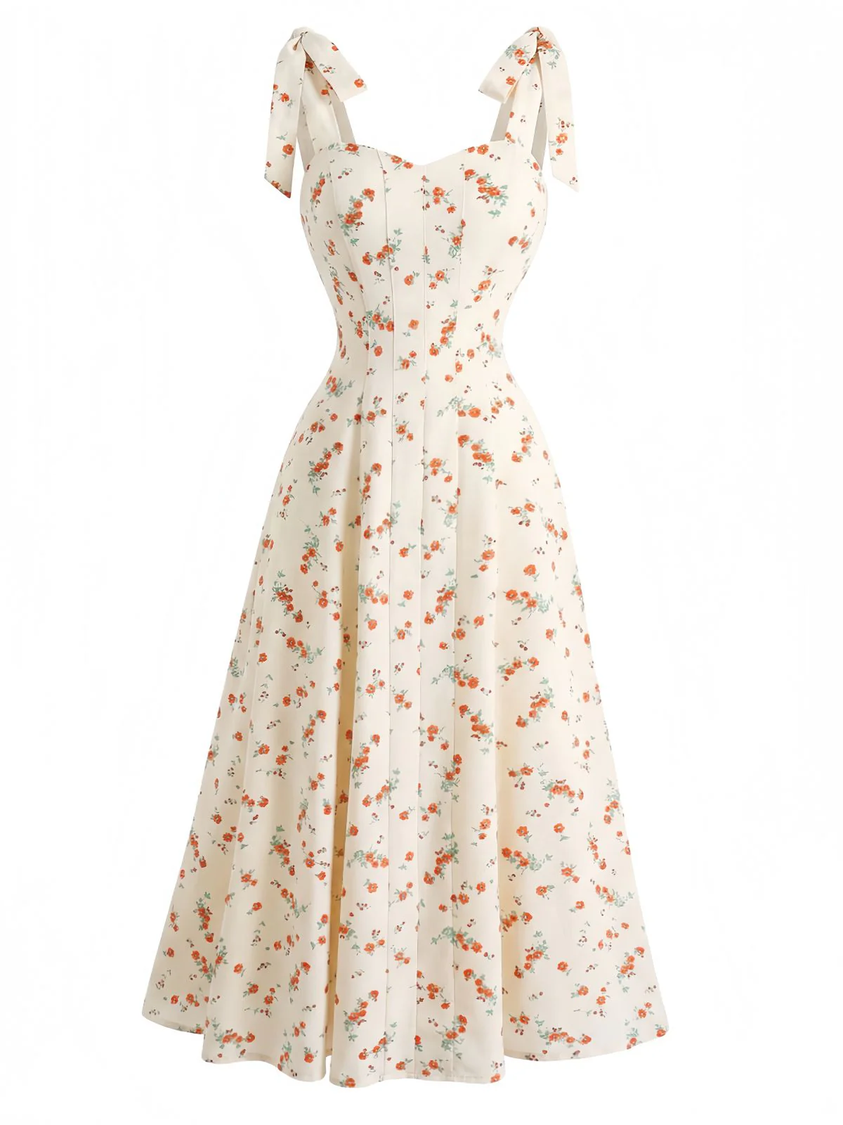 50er Kleid mit Herzausschnitt, Ditsy-Blumen und Bindegürtel in Beige - Image 2