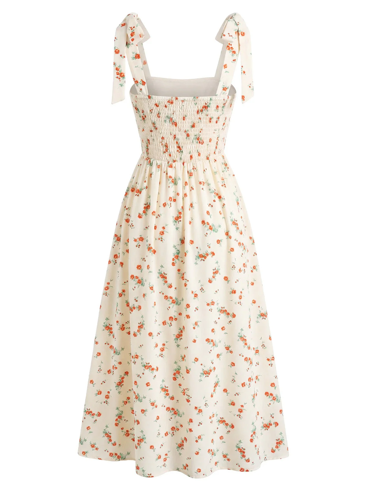 50er Kleid mit Herzausschnitt, Ditsy-Blumen und Bindegürtel in Beige - Image 3