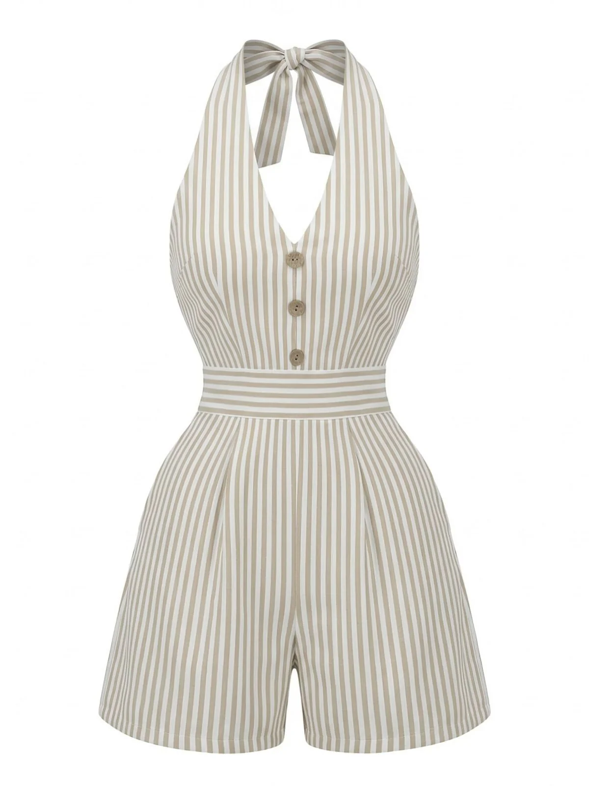 50er Romper mit Neckholder, Streifen und geraffter Taille in Beige - Image 7