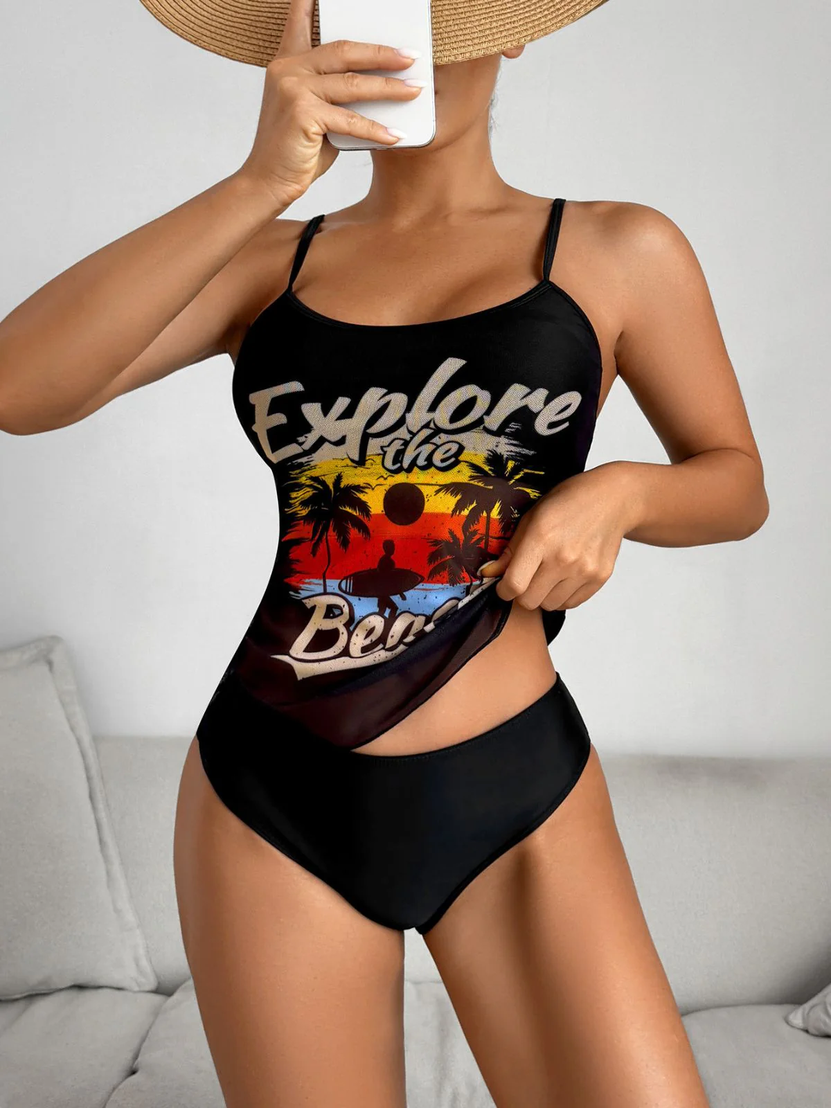 50er Tankini-Set mit Palmen-Print, Spaghettiträgern und Netz-Optik - Image 2