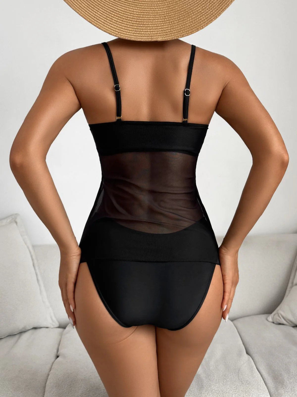 50er Tankini-Set mit Palmen-Print, Spaghettiträgern und Netz-Optik - Image 4