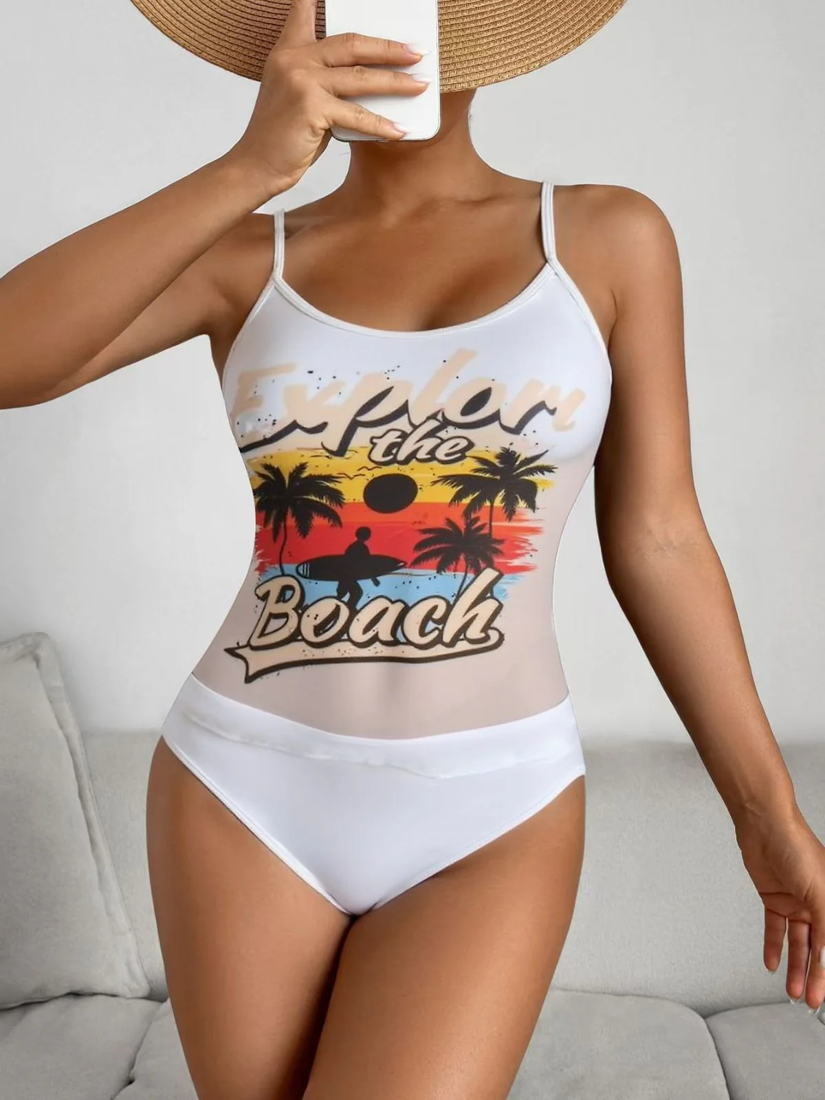 50er Tankini-Set mit Palmen-Print, Spaghettiträgern und Netz-Optik - Image 7