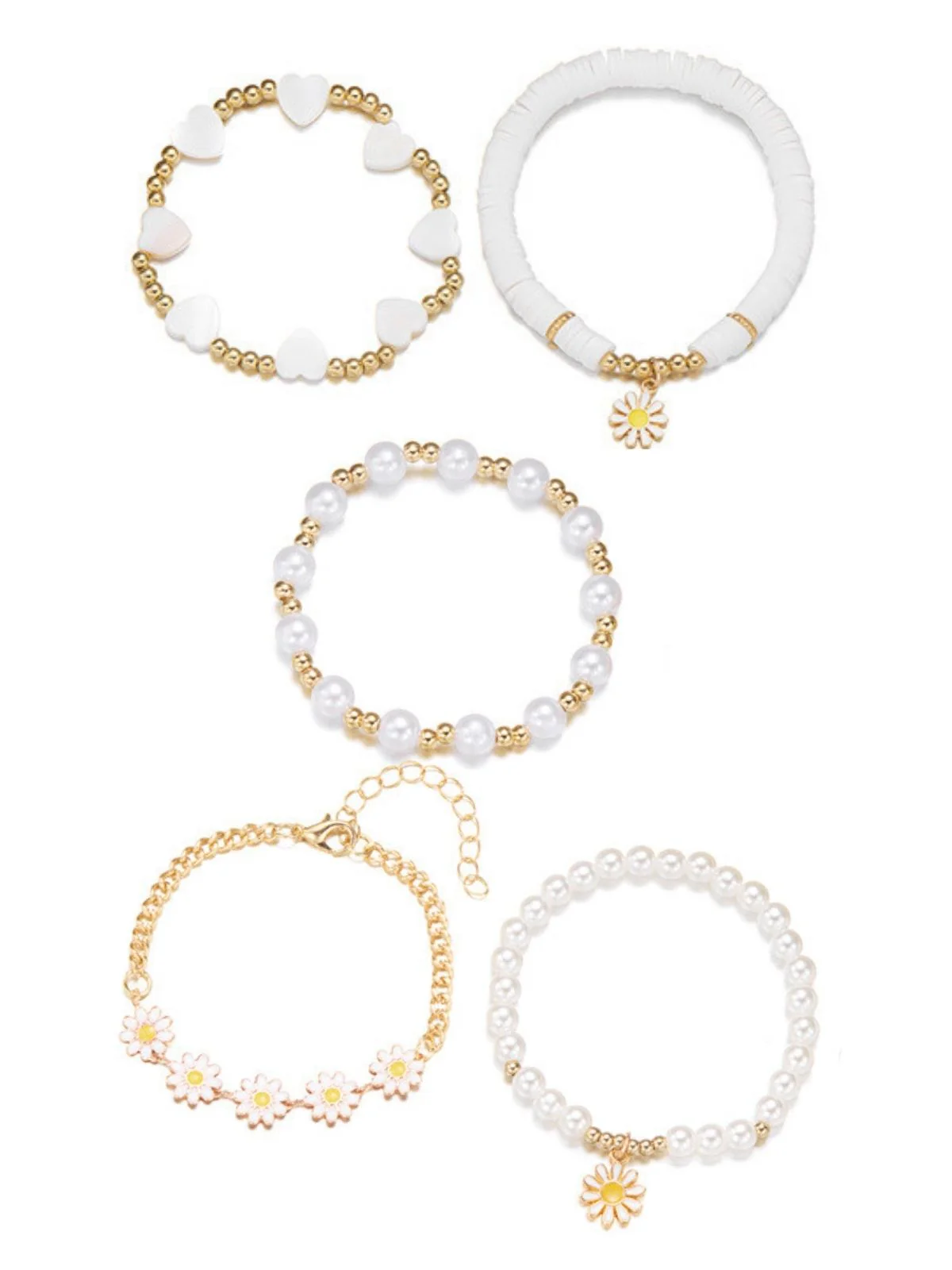 5PCS Boho Gänseblümchen Perlen Herz Stapelbar Armband Set - Image 2