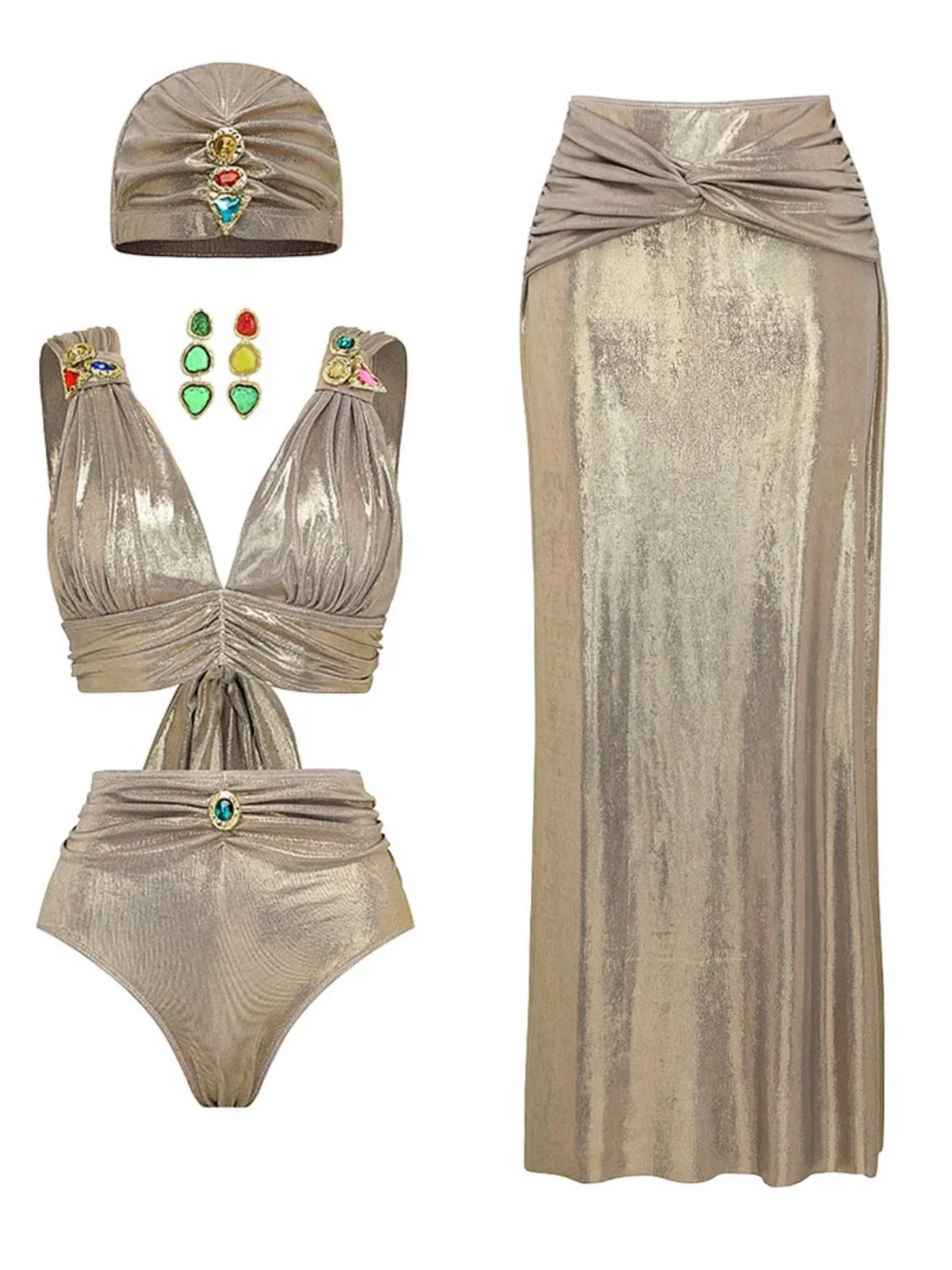 5PCS Gold 1980er Verziert Metallisch Ägyptisch-Inspiriert Bikini Set - Image 3