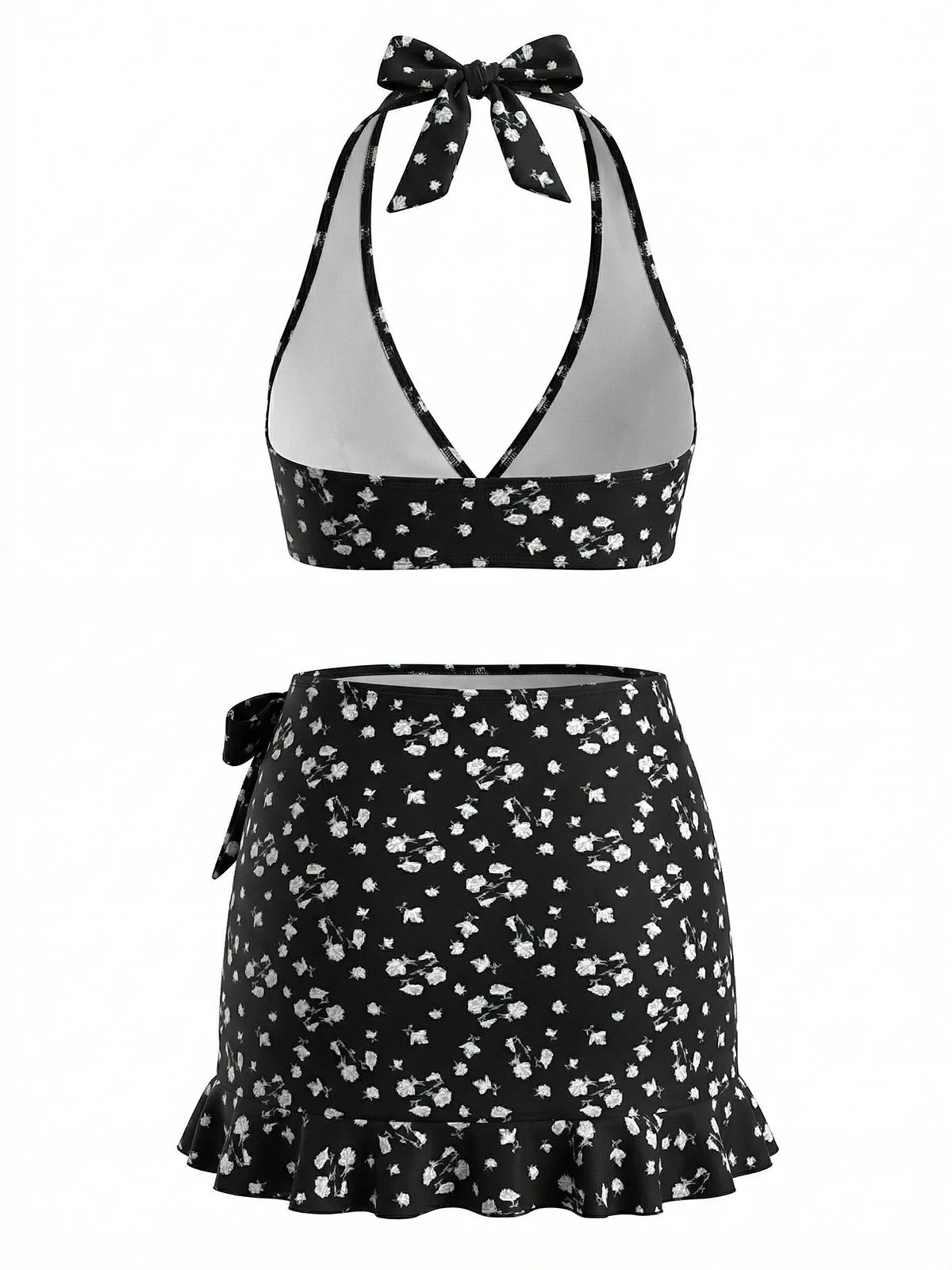 60er Bikini-Set mit Neckholder, Ditsy-Blumen-Print und Cover-Up in Schwarz - Image 3