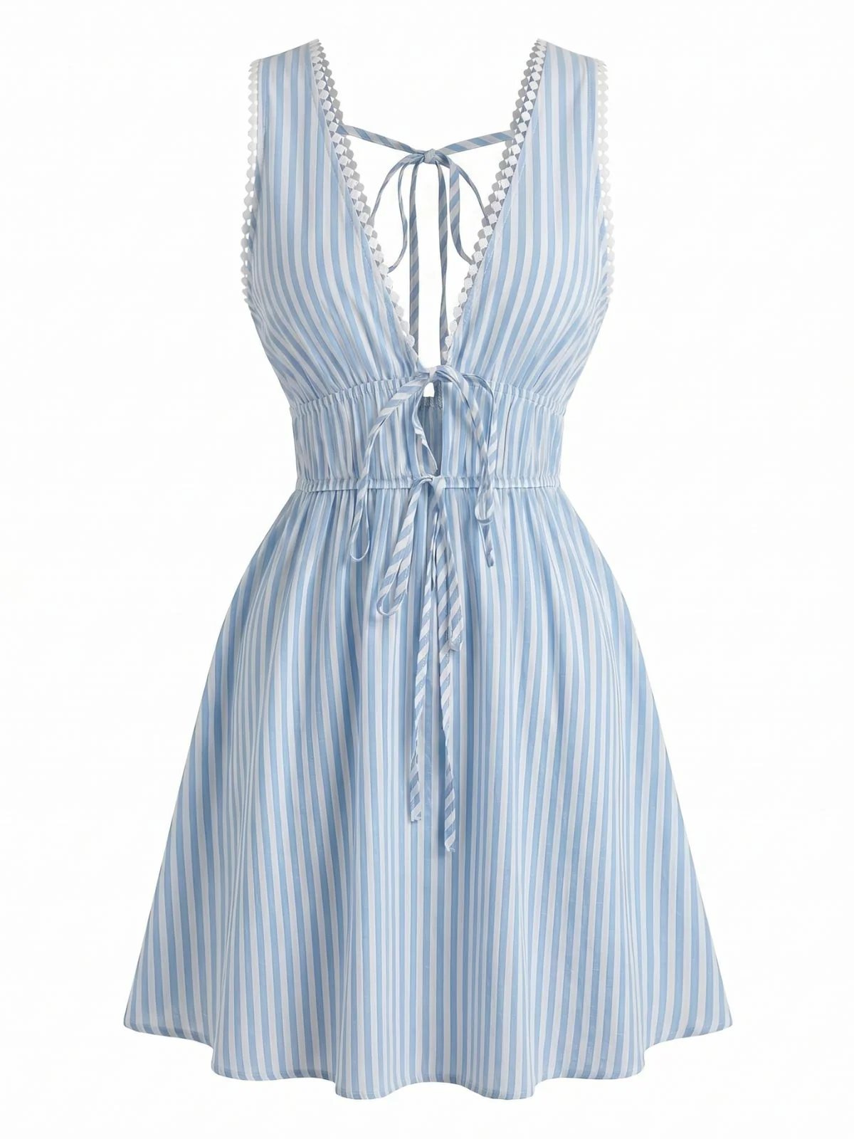 60er Kleid mit V-Ausschnitt, Streifen und rückenfreiem Design in Blau - Image 2