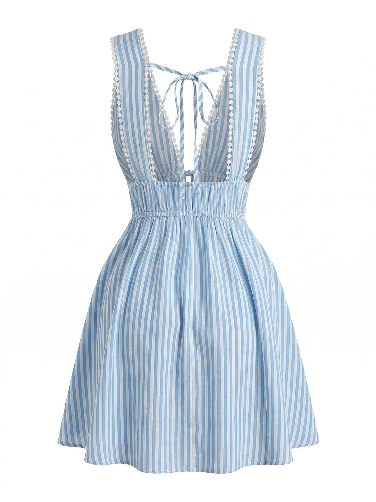 60er Kleid mit V-Ausschnitt, Streifen und rückenfreiem Design in Blau - Image 3