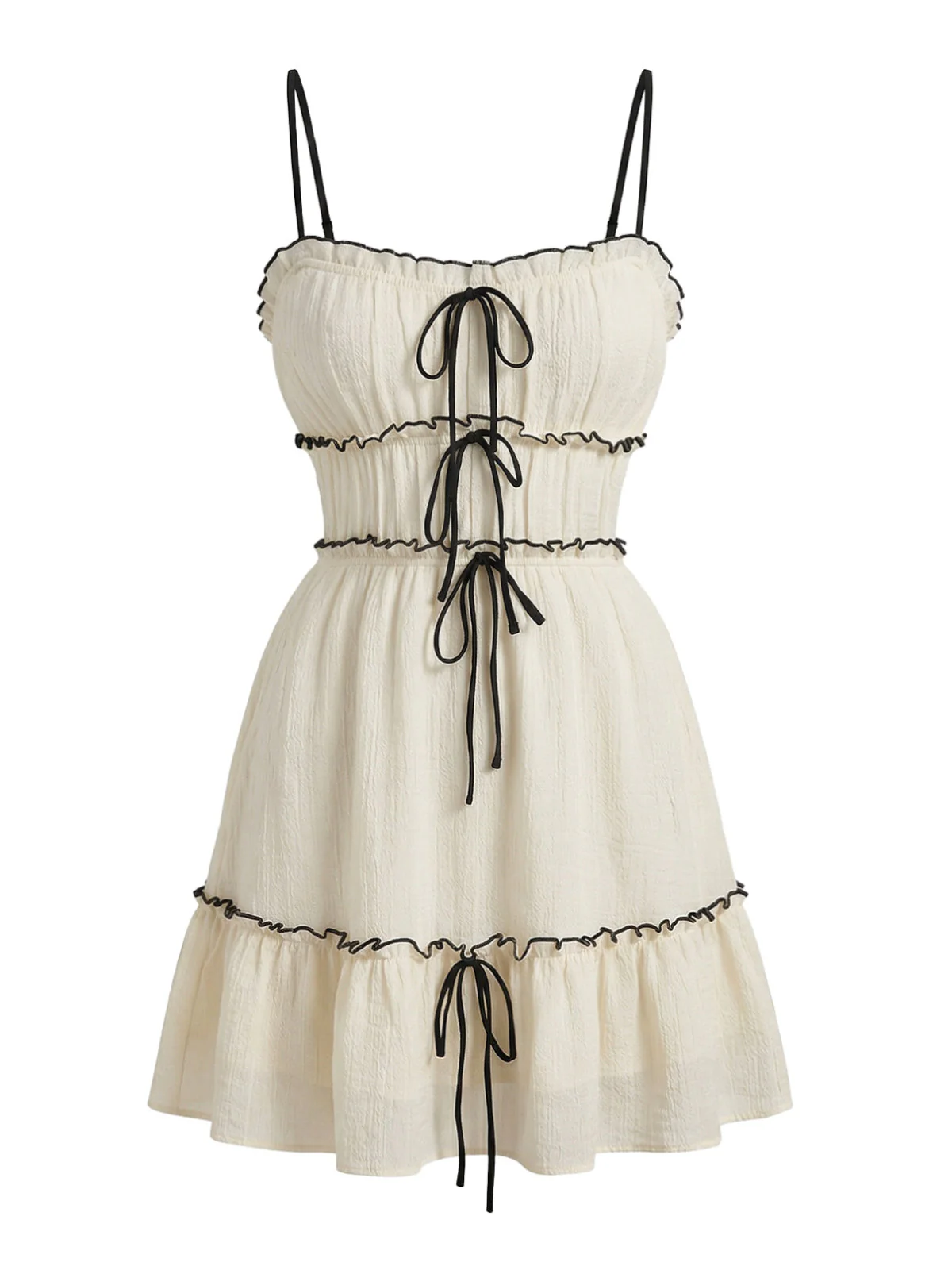 60er Minikleid mit Spaghettiträgern, Rüschen und Struktur in Weiß - Image 2