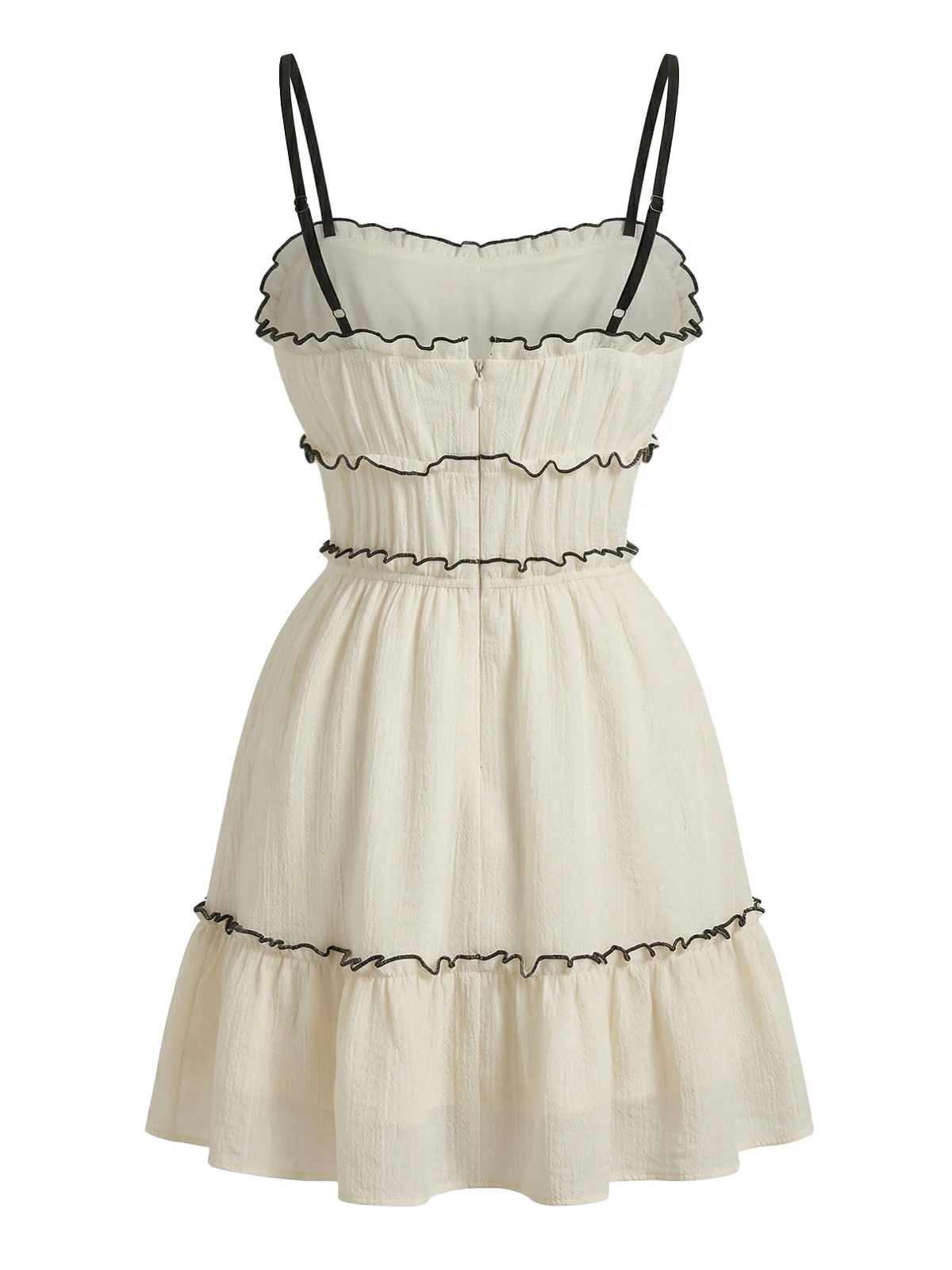 60er Minikleid mit Spaghettiträgern, Rüschen und Struktur in Weiß - Image 3