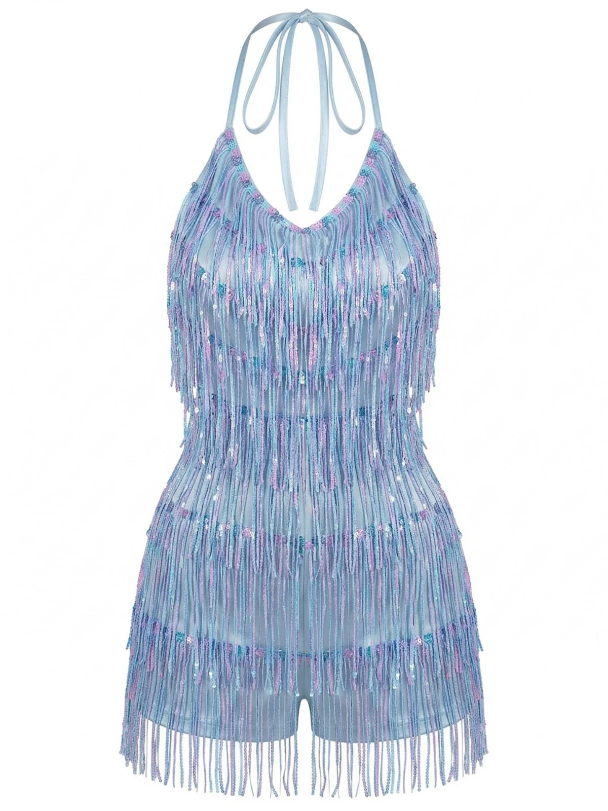 60er Romper mit Neckholder, Pailletten und Fransen in Blau - Image 2