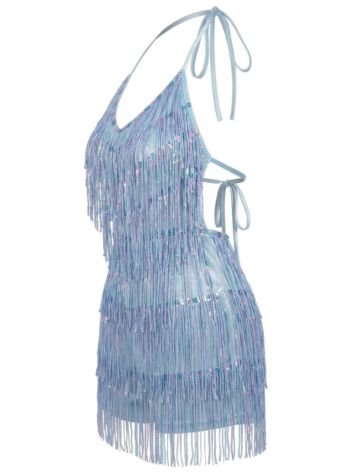 60er Romper mit Neckholder, Pailletten und Fransen in Blau - Image 3