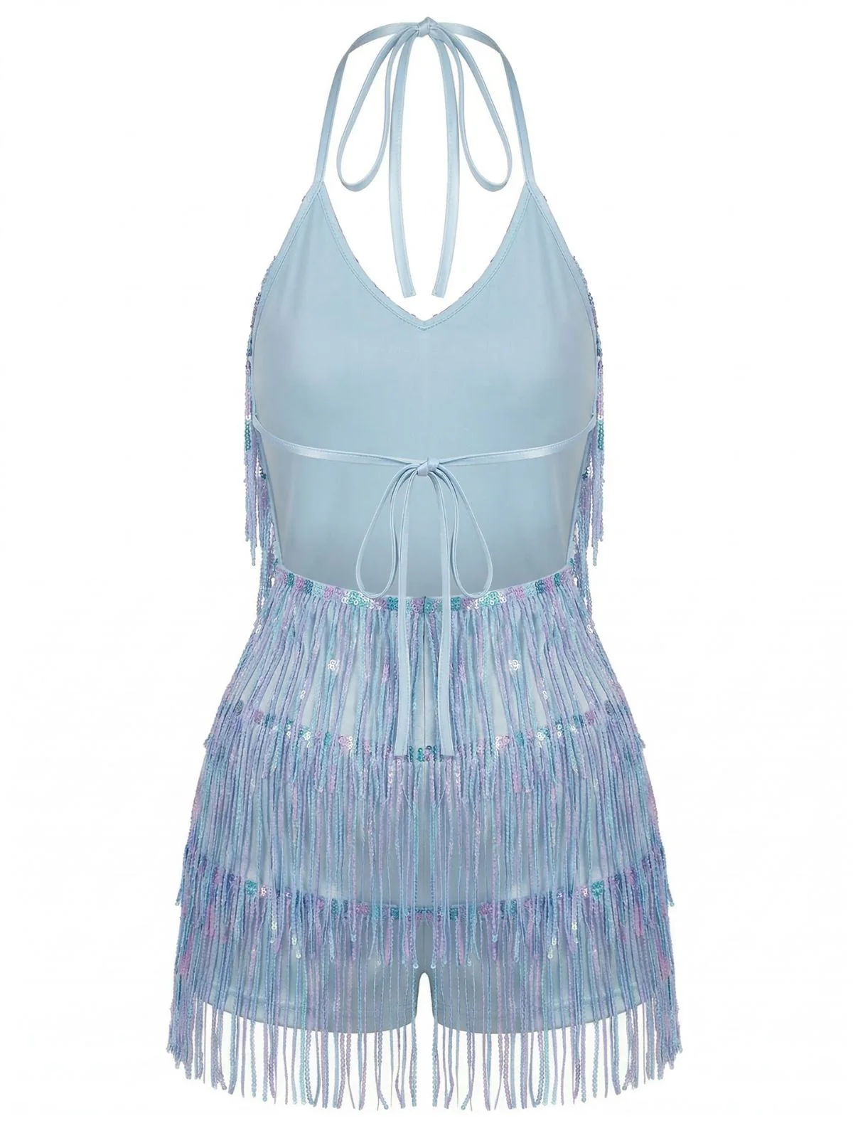 60er Romper mit Neckholder, Pailletten und Fransen in Blau - Image 4