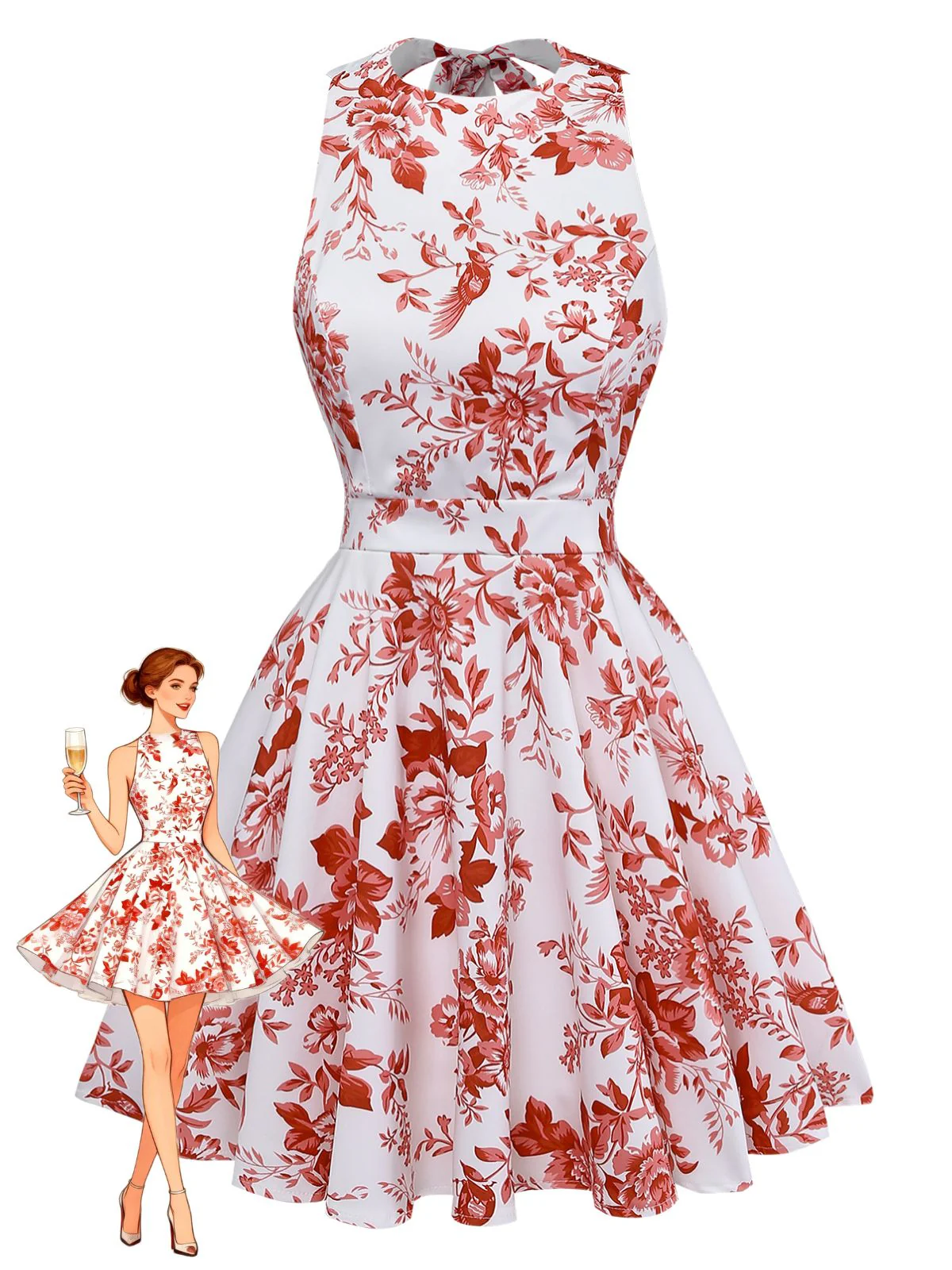60er Swingkleid mit Neckholder, Blumen-Print und rückenfreiem Design