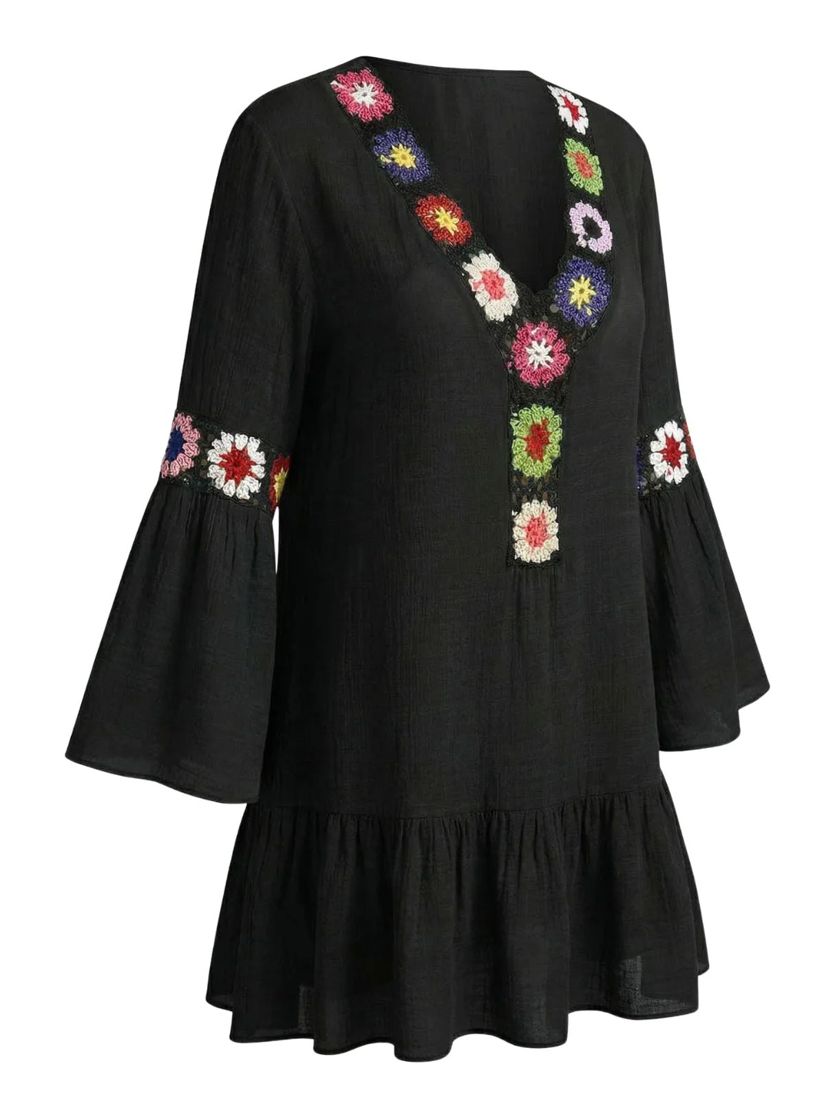 70er Cover-Up mit V-Ausschnitt, Rüschen und Stickereiblume - Image 2