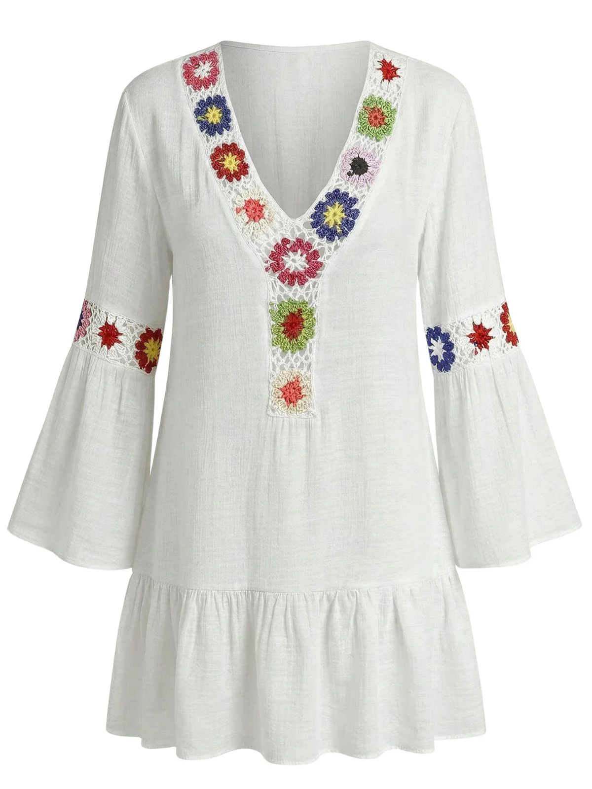 70er Cover-Up mit V-Ausschnitt, Rüschen und Stickereiblume - Image 4