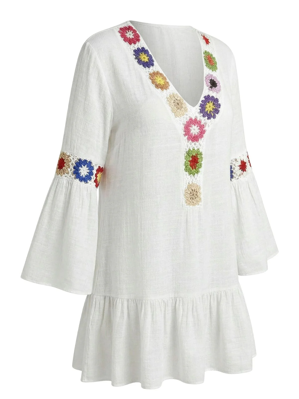 70er Cover-Up mit V-Ausschnitt, Rüschen und Stickereiblume - Image 5