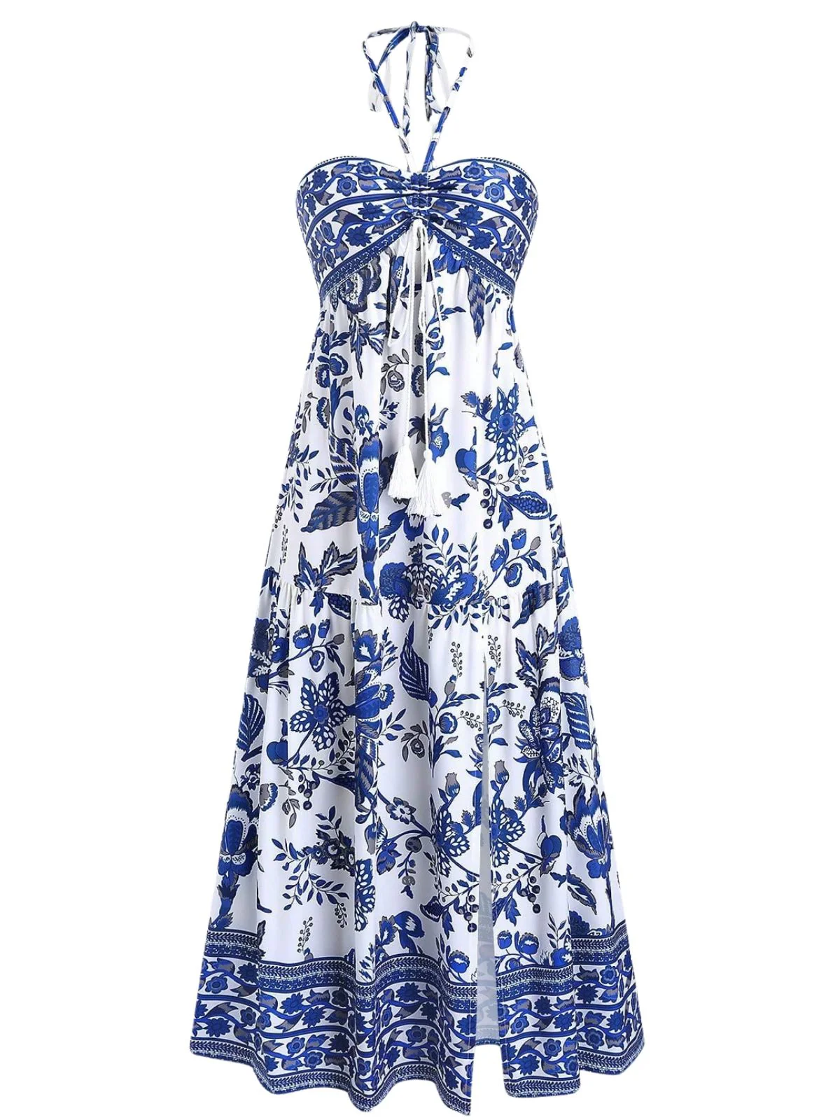 70er Kleid mit Neckholder und Porzellan-Print in Blau - Image 2