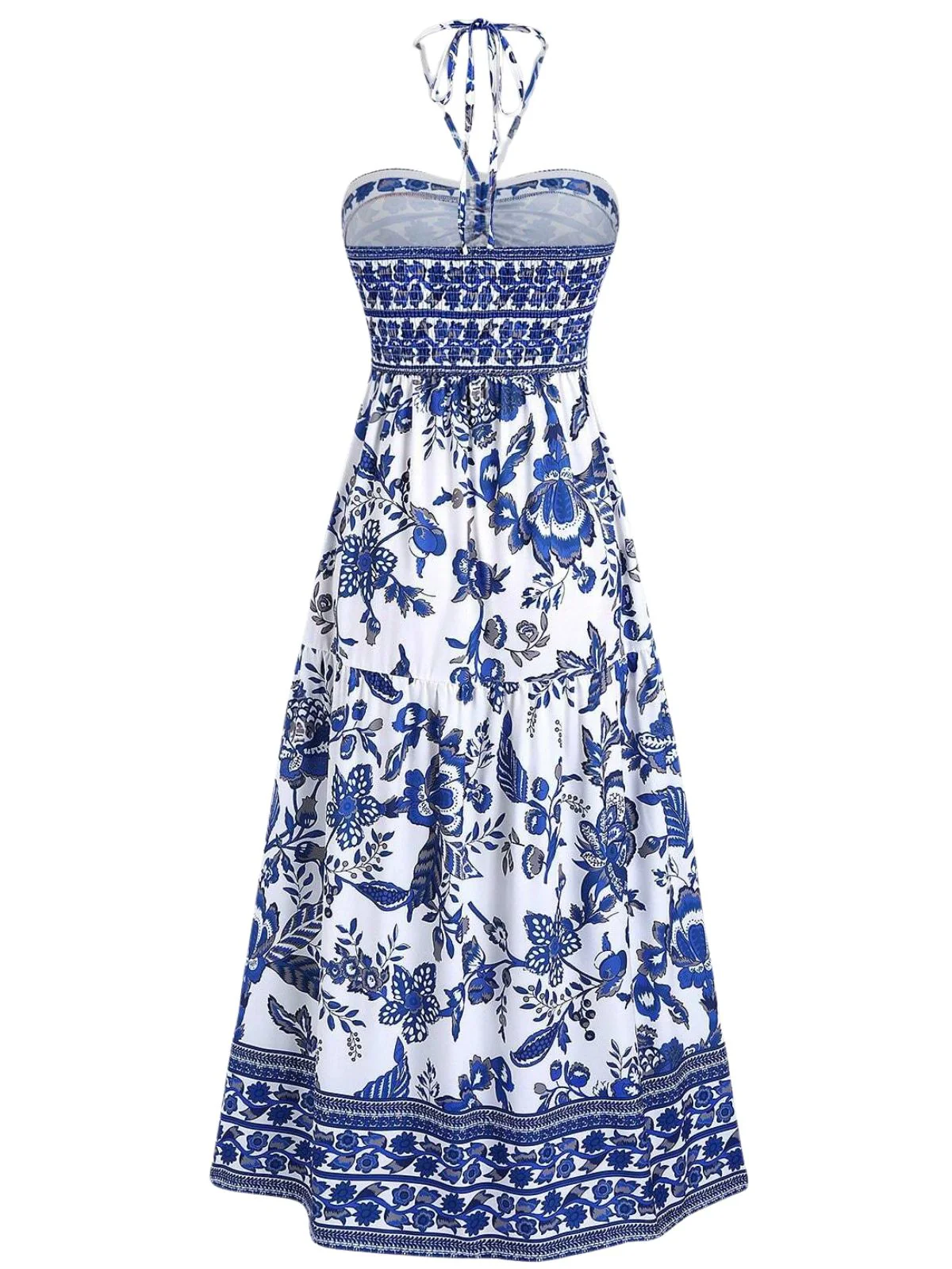 70er Kleid mit Neckholder und Porzellan-Print in Blau - Image 3