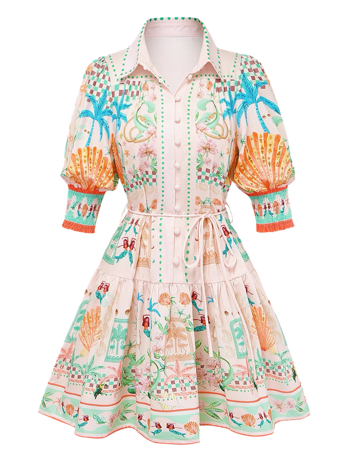 70er Kleid mit Pastell-Print, Knopf und Taillenbinde in Orange - Image 2