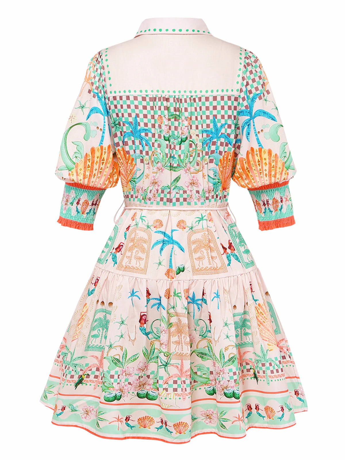 70er Kleid mit Pastell-Print, Knopf und Taillenbinde in Orange - Image 3