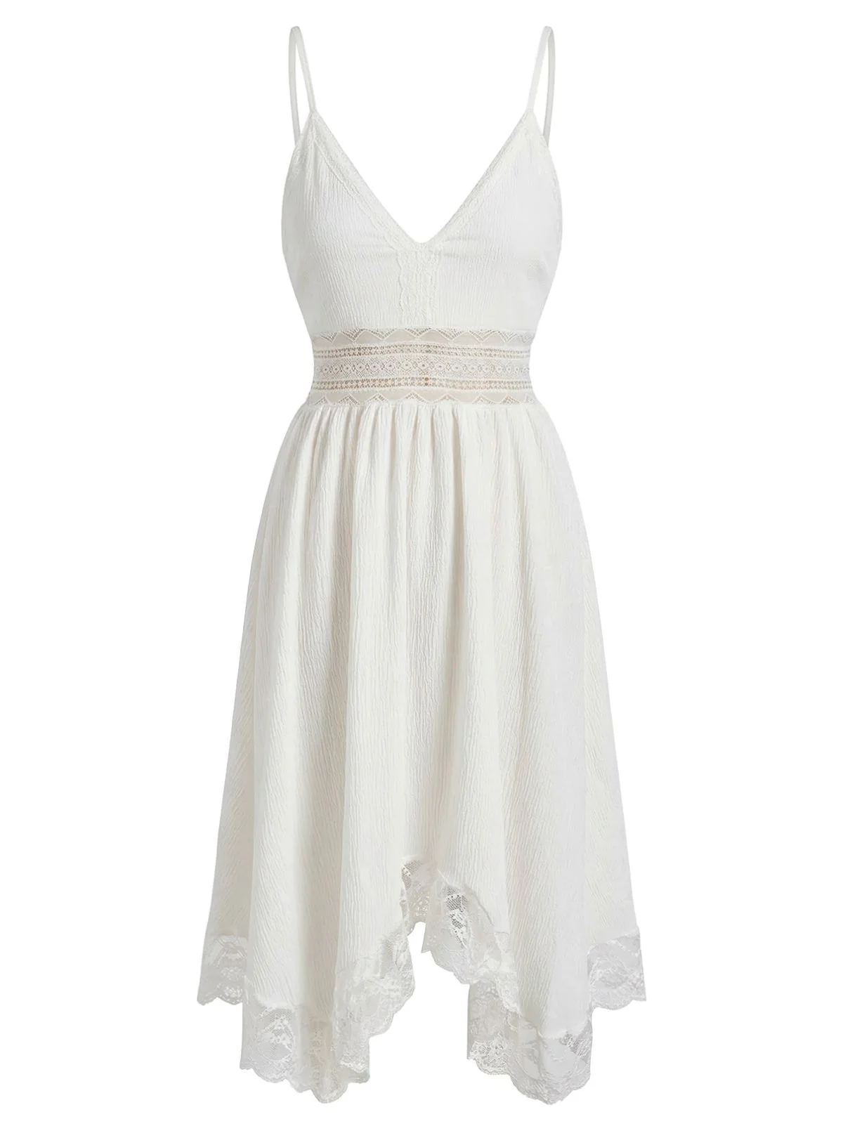 70er Kleid mit V-Ausschnitt, Spaghettiträgern und Struktur-Spitze - Image 2