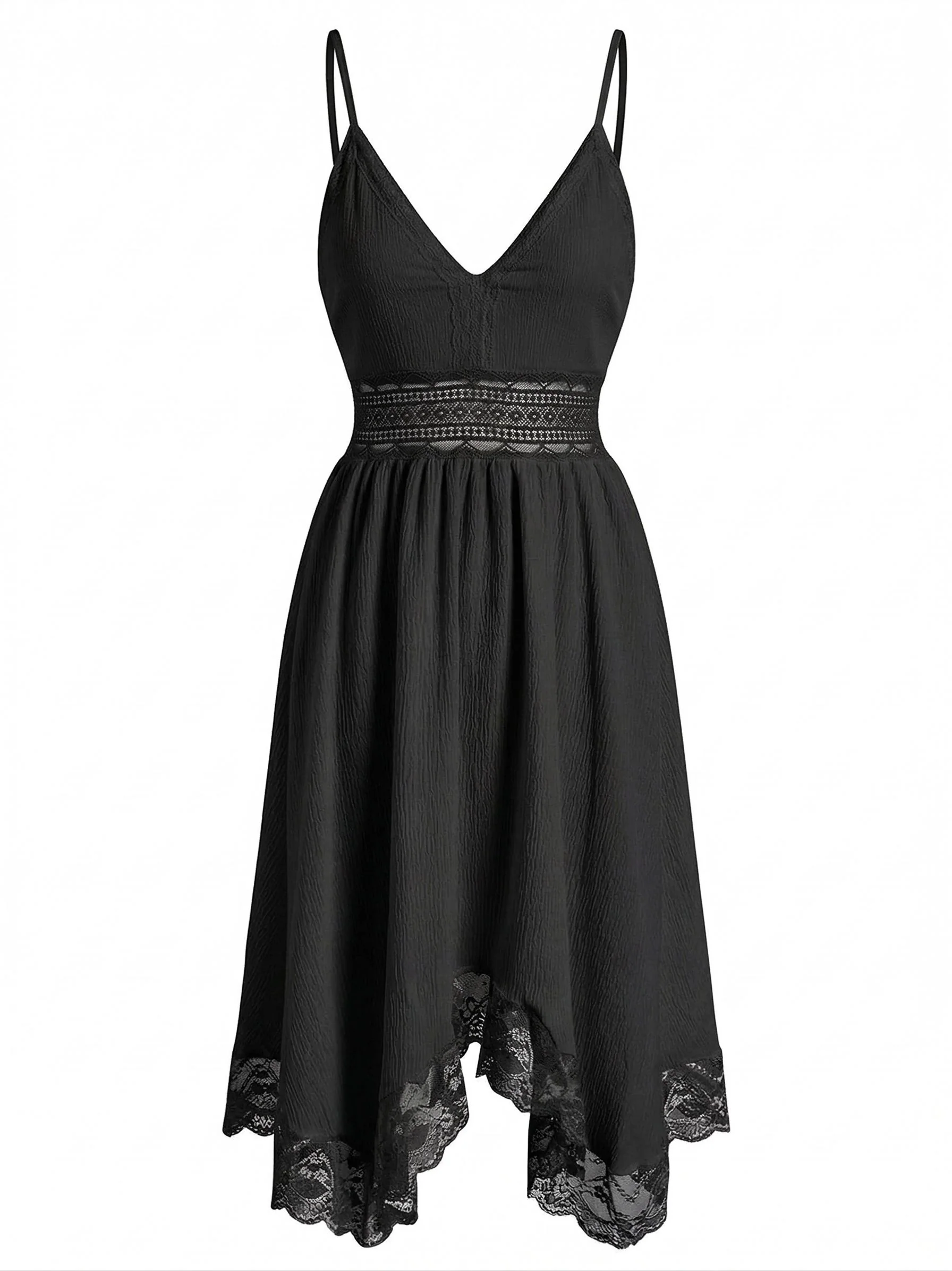 70er Kleid mit V-Ausschnitt, Spaghettiträgern und Struktur-Spitze - Image 4