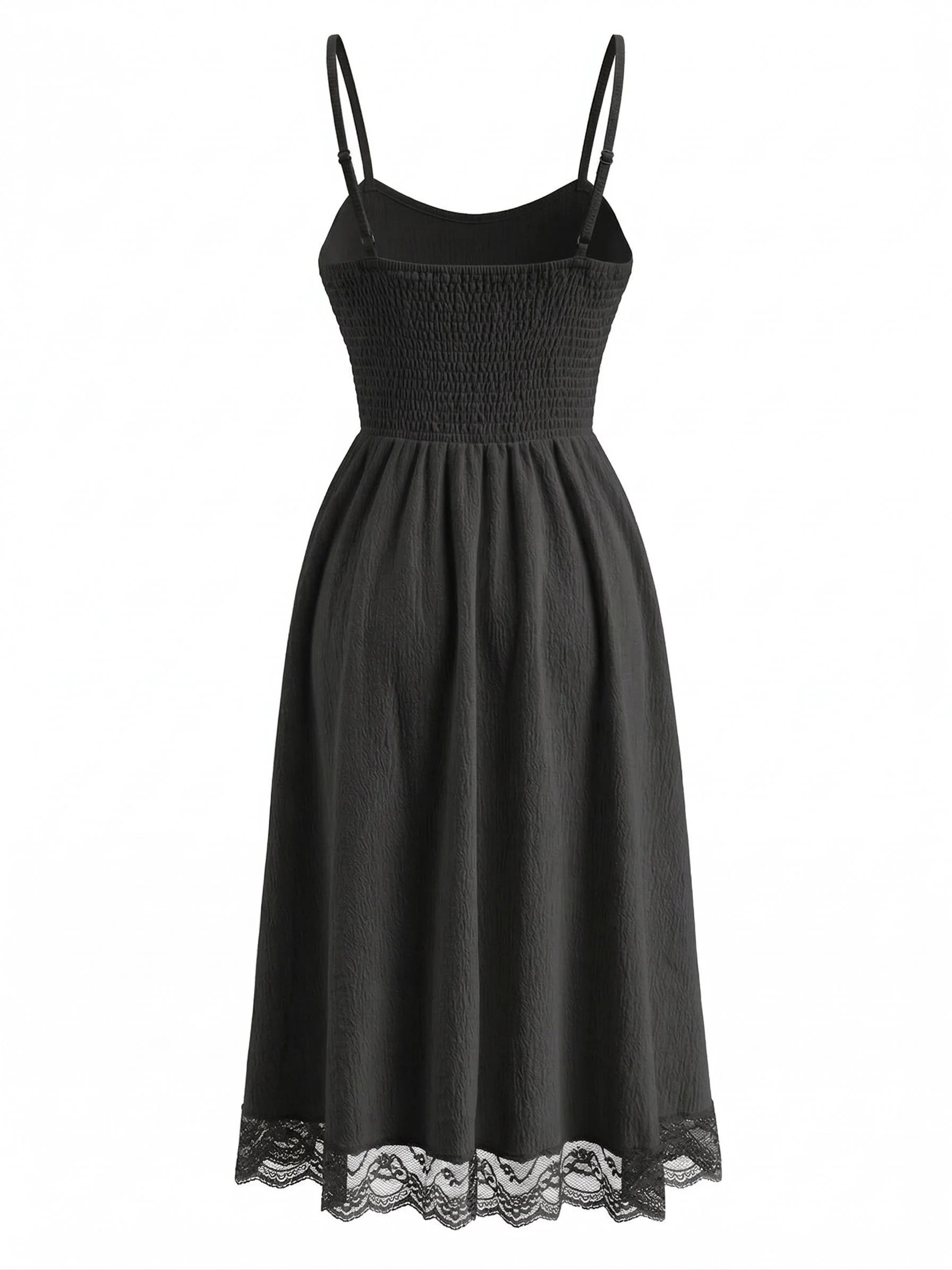 70er Kleid mit V-Ausschnitt, Spaghettiträgern und Struktur-Spitze - Image 5
