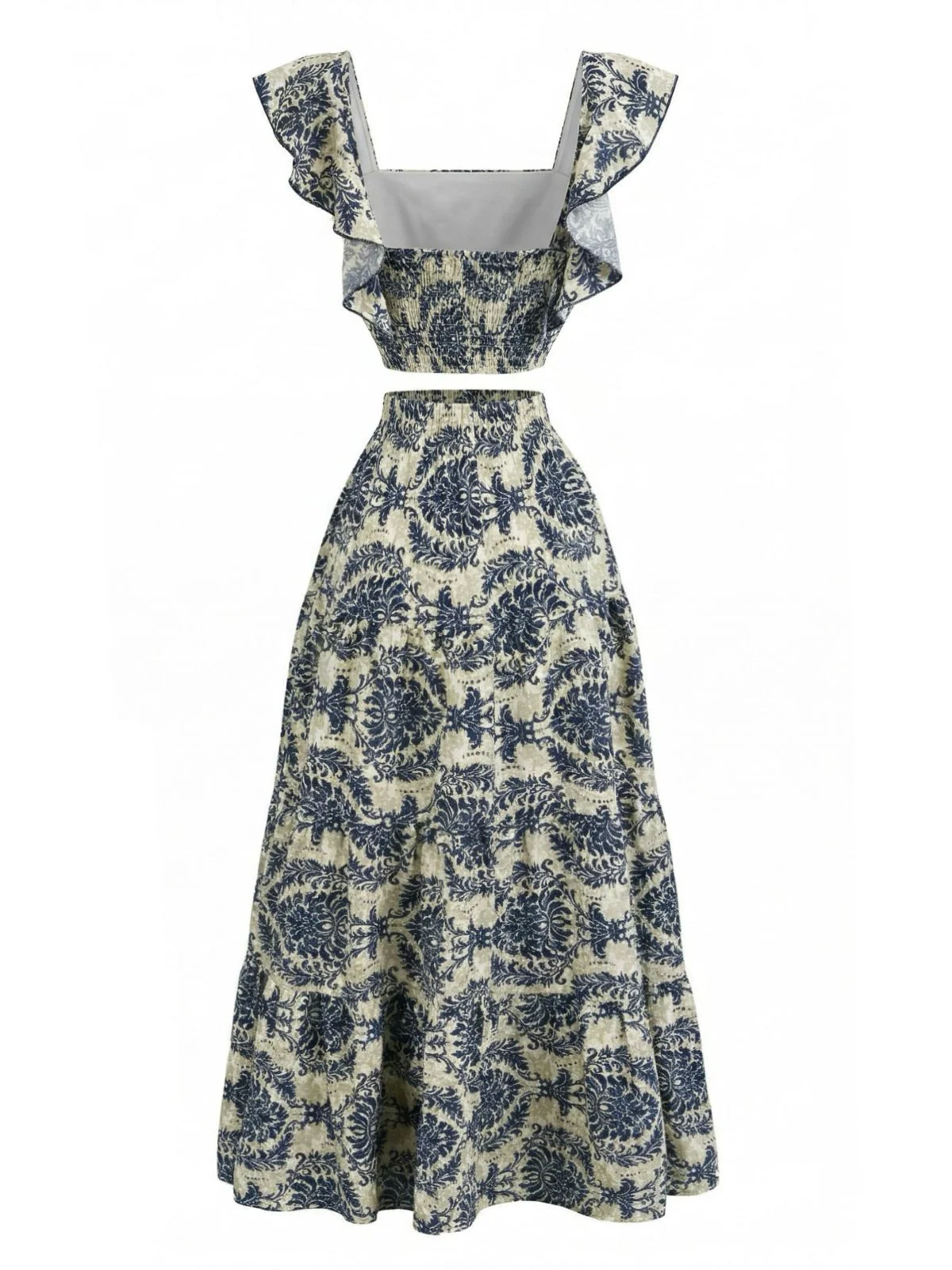 70er Set mit Top und Maxirock, eckigem Ausschnitt und Flatterärmeln in Blumen-Print - Image 5