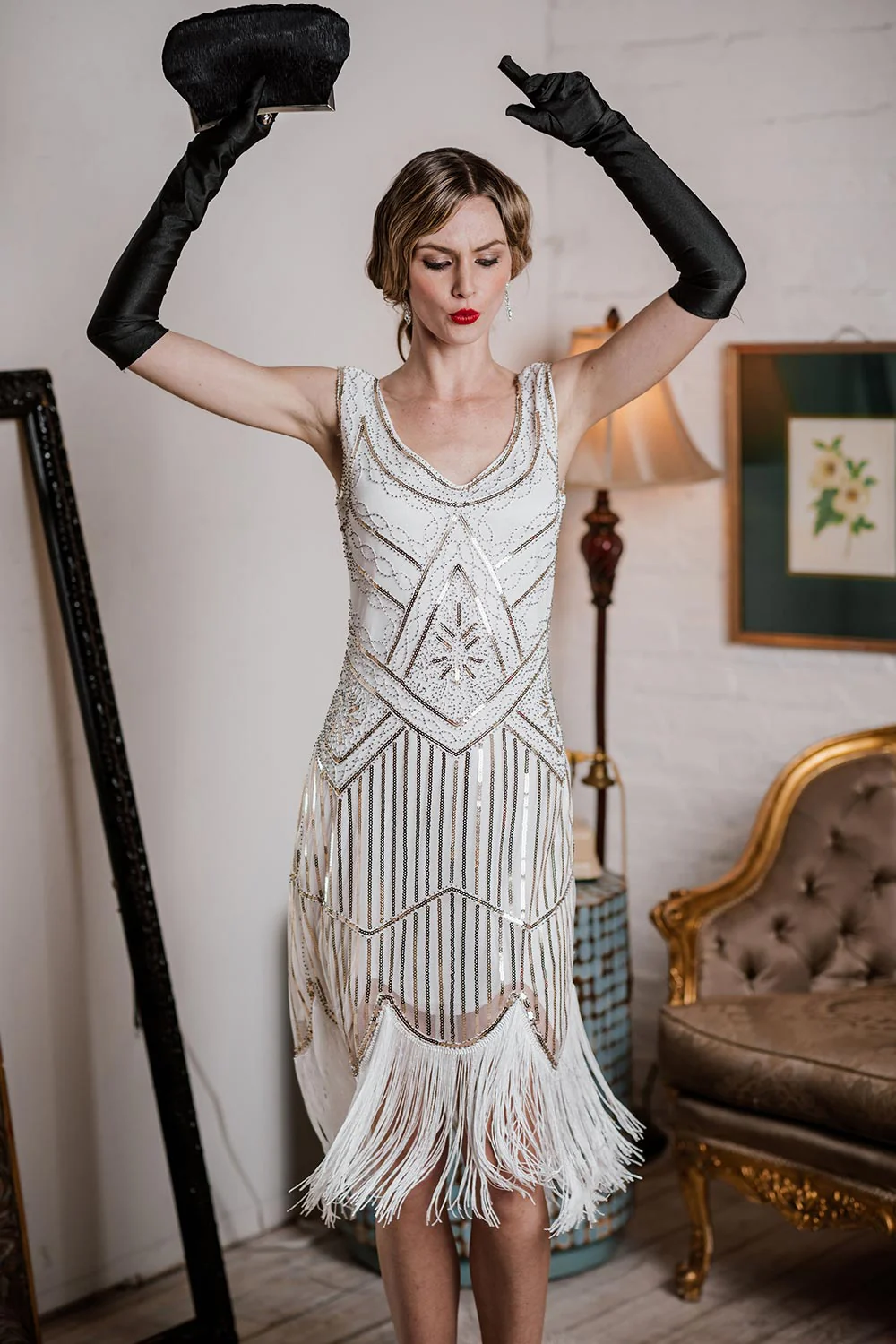 Weiß 1920ER PAILLETTEN FRANSEN FLAPPER KLEID MIT PERLEN - Image 3
