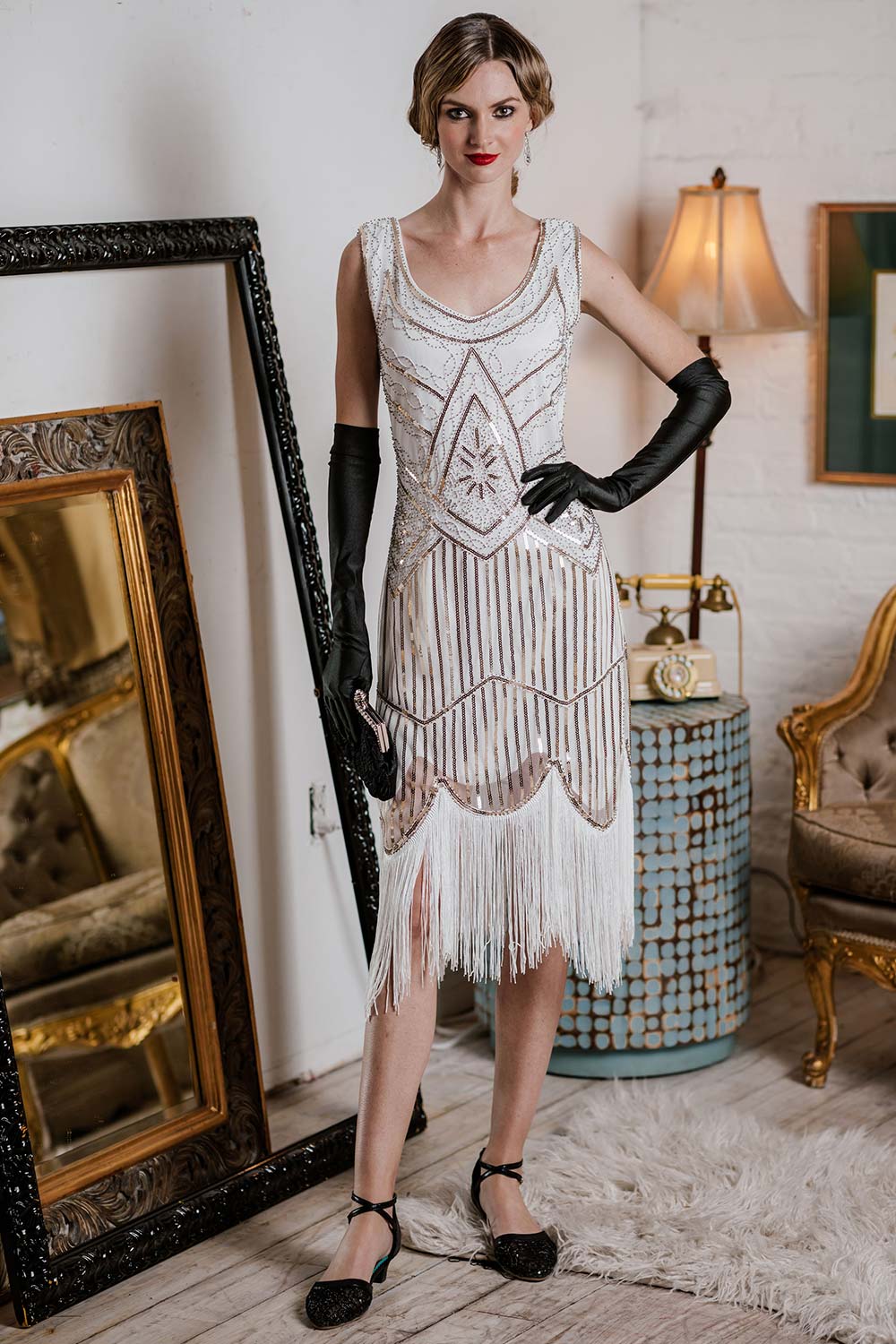 Weiß 1920ER PAILLETTEN FRANSEN FLAPPER KLEID MIT PERLEN - Image 4