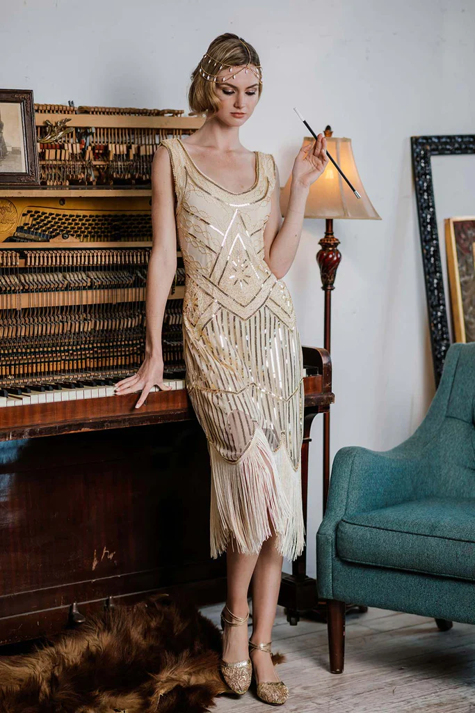 Weiß 1920ER PAILLETTEN FRANSEN FLAPPER KLEID MIT PERLEN - Image 5