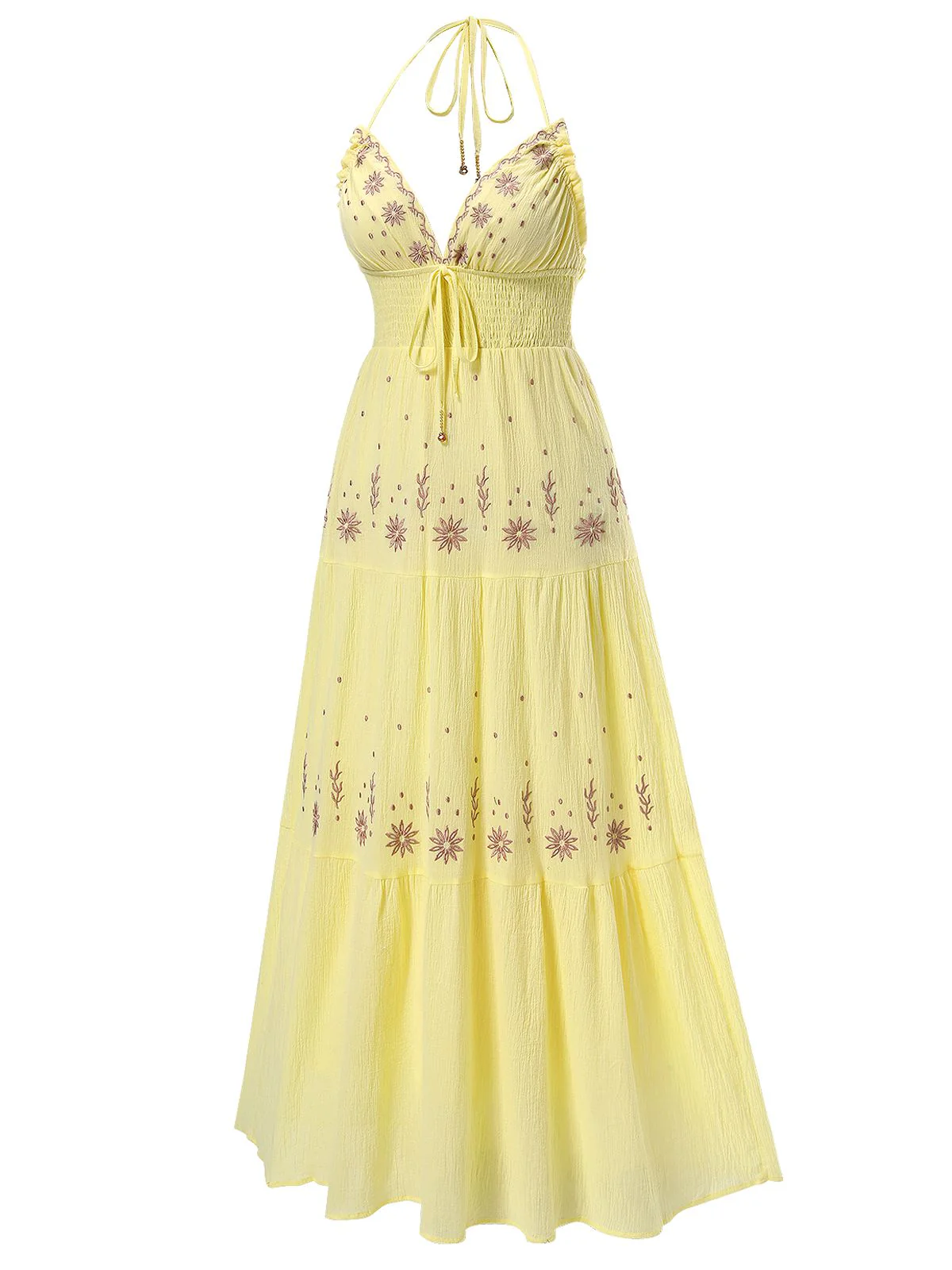 Aprikose 1930er V-Ausschnitt Stickerei Blumen Kleid - Image 3