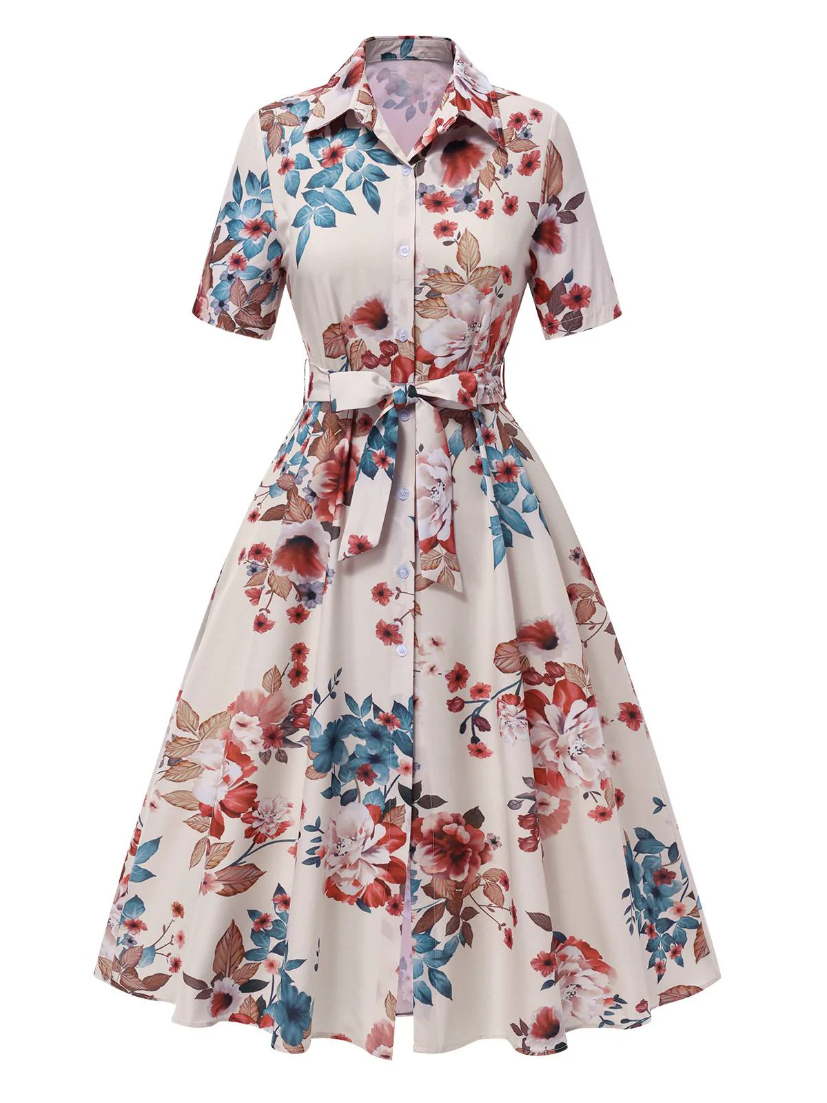Aprikose 1940er Blumen Gürtel Revers Kleid - Image 2