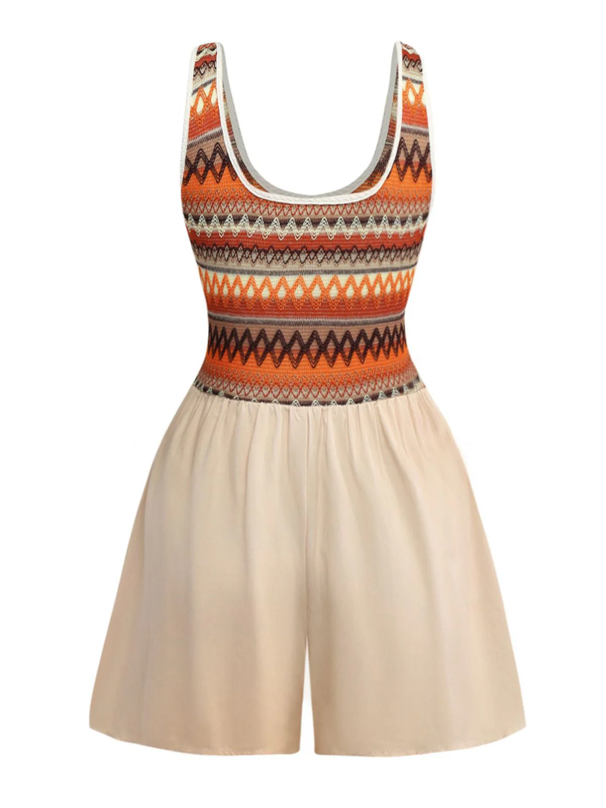 Aprikose 1970er Boho Quadratischer Hals Patchwork Romper - Image 2