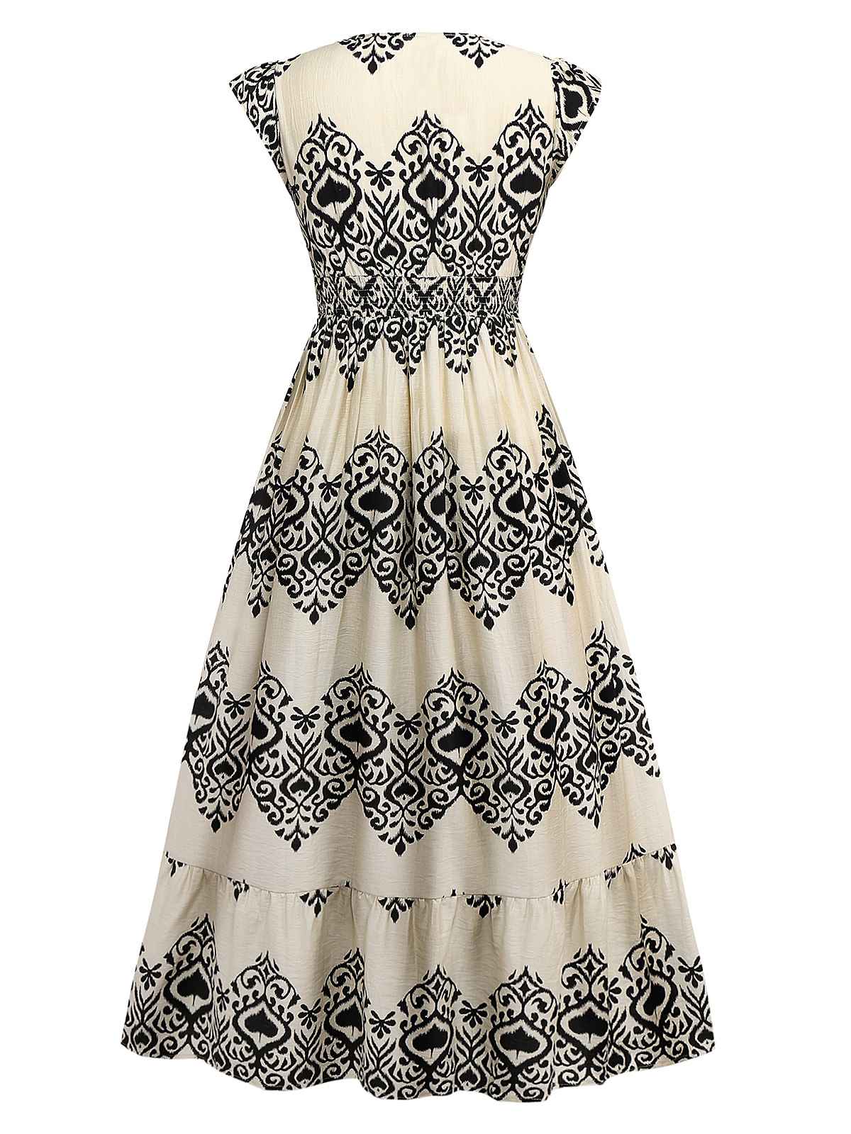 Aprikose 1970er V-Ausschnitt Pik Drucke Flügelärmel Kleid - Image 2