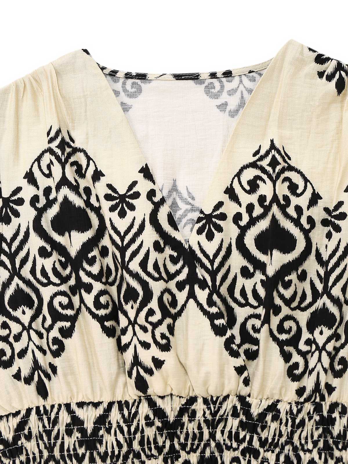 Aprikose 1970er V-Ausschnitt Pik Drucke Flügelärmel Kleid - Image 3