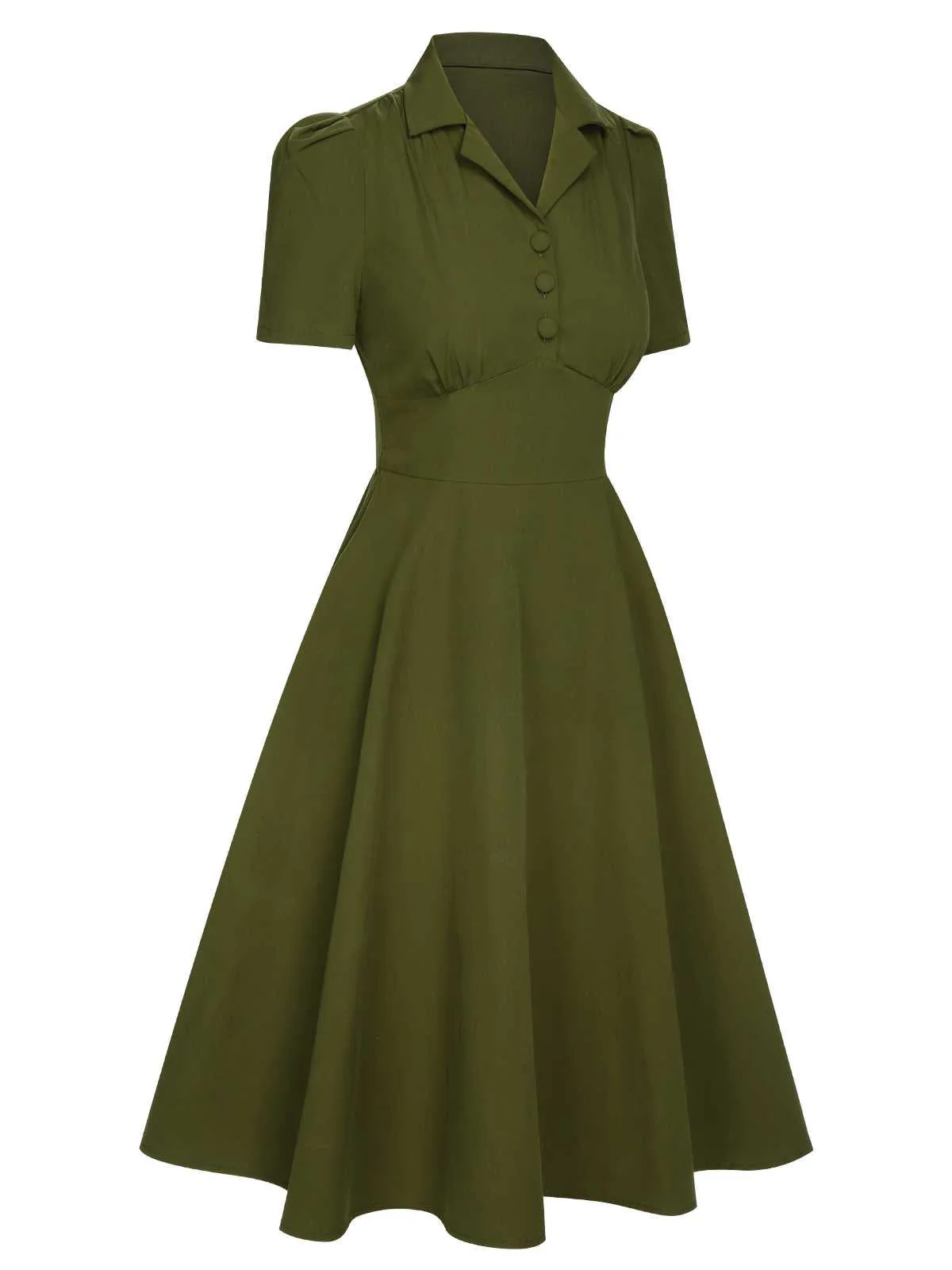 Armeegrün 1940er Revers Geknöpftes Kleid - Image 4