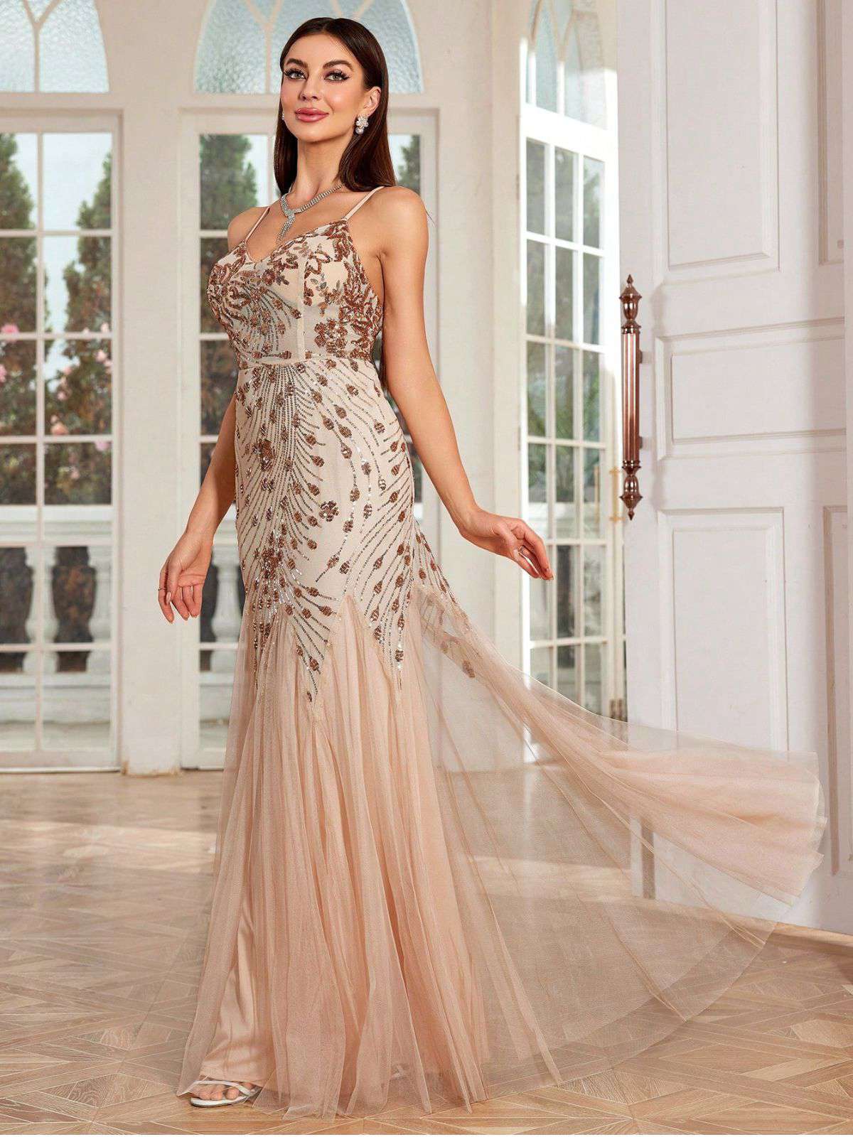 Beige 1920er Pailletten Netz Rückenfrei Meerjungfrauen Abend Kleid - Image 3