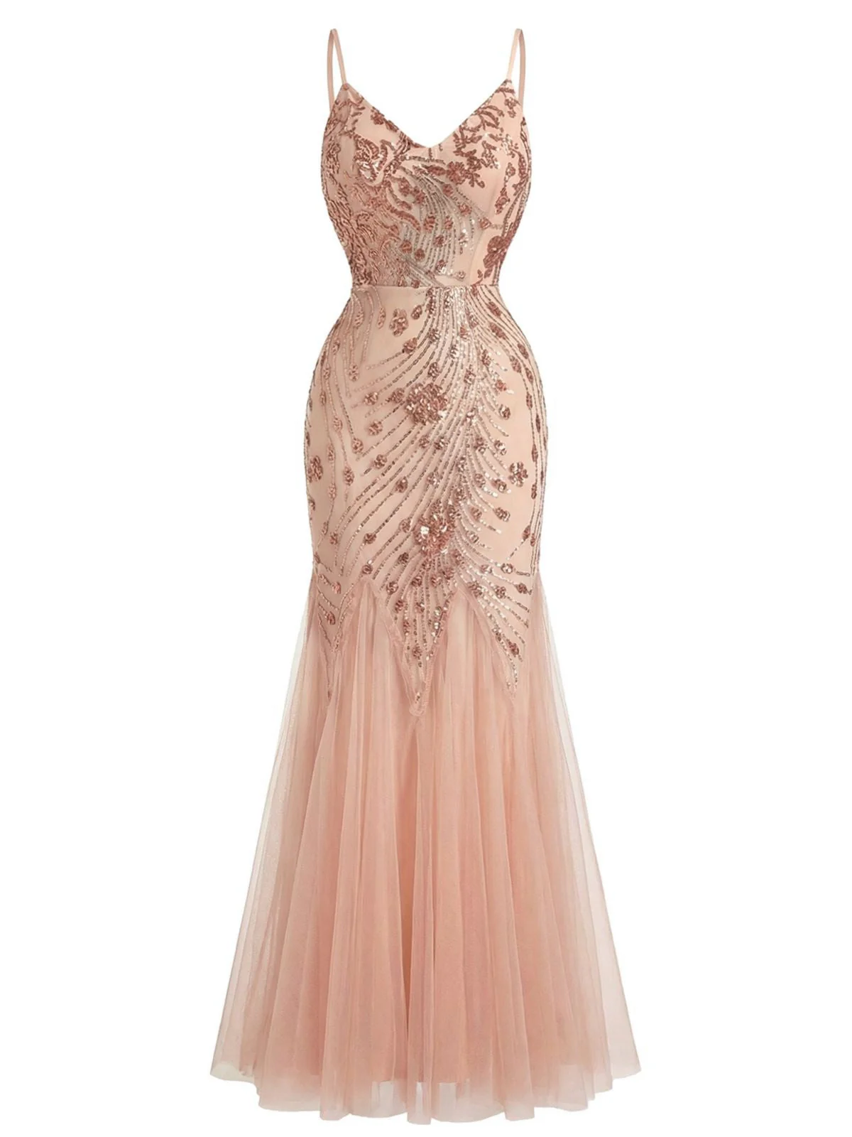Beige 1920er Pailletten Netz Rückenfrei Meerjungfrauen Abend Kleid - Image 4