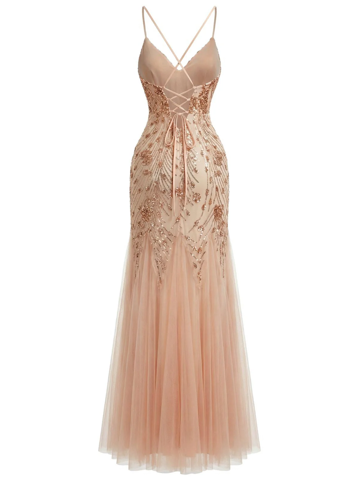 Beige 1920er Pailletten Netz Rückenfrei Meerjungfrauen Abend Kleid - Image 5