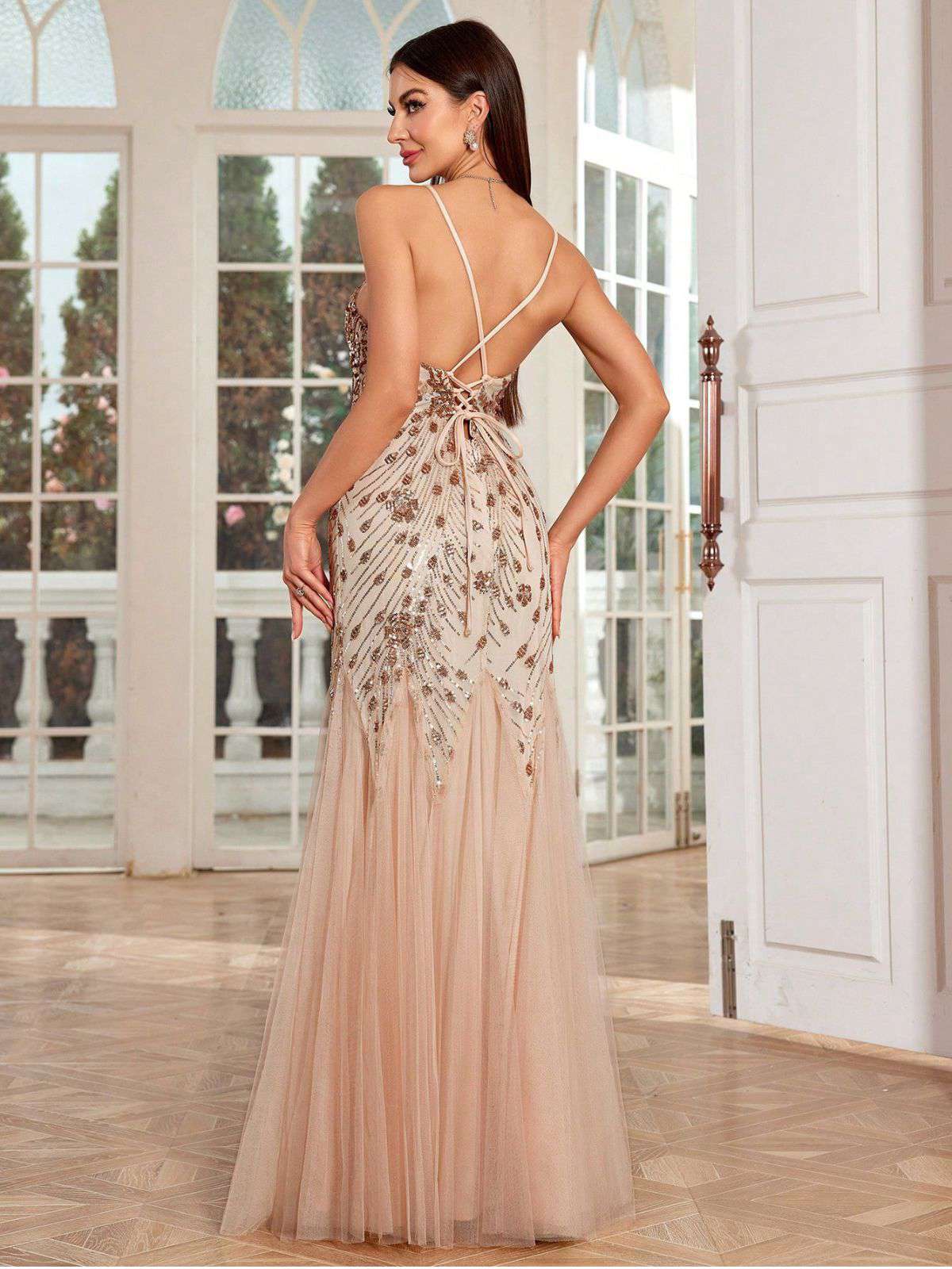 Beige 1920er Pailletten Netz Rückenfrei Meerjungfrauen Abend Kleid - Image 6
