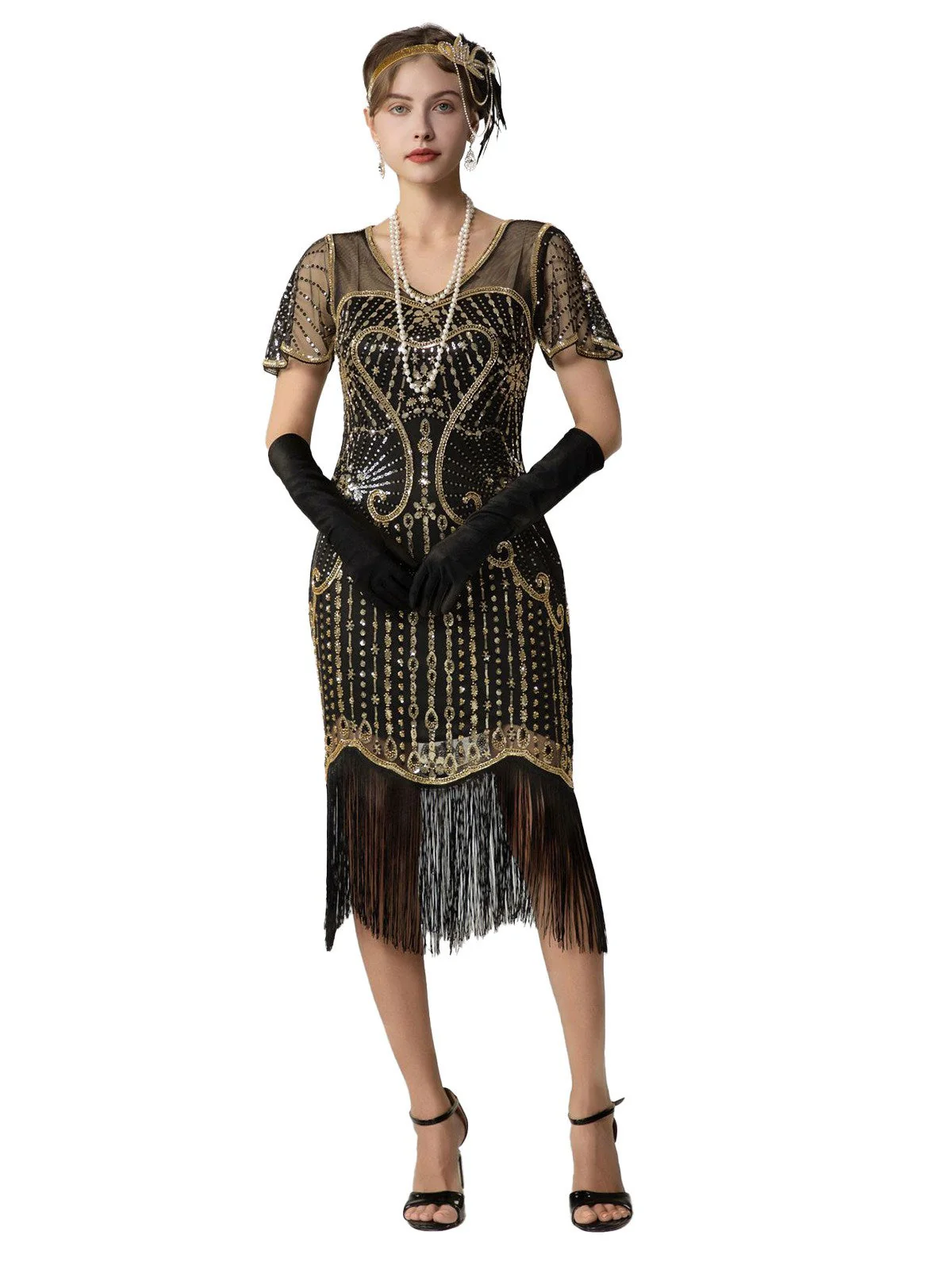 Schwarz & Gold 1920er Pailletten Perlen Fransen Charleston Kleid - Image 5