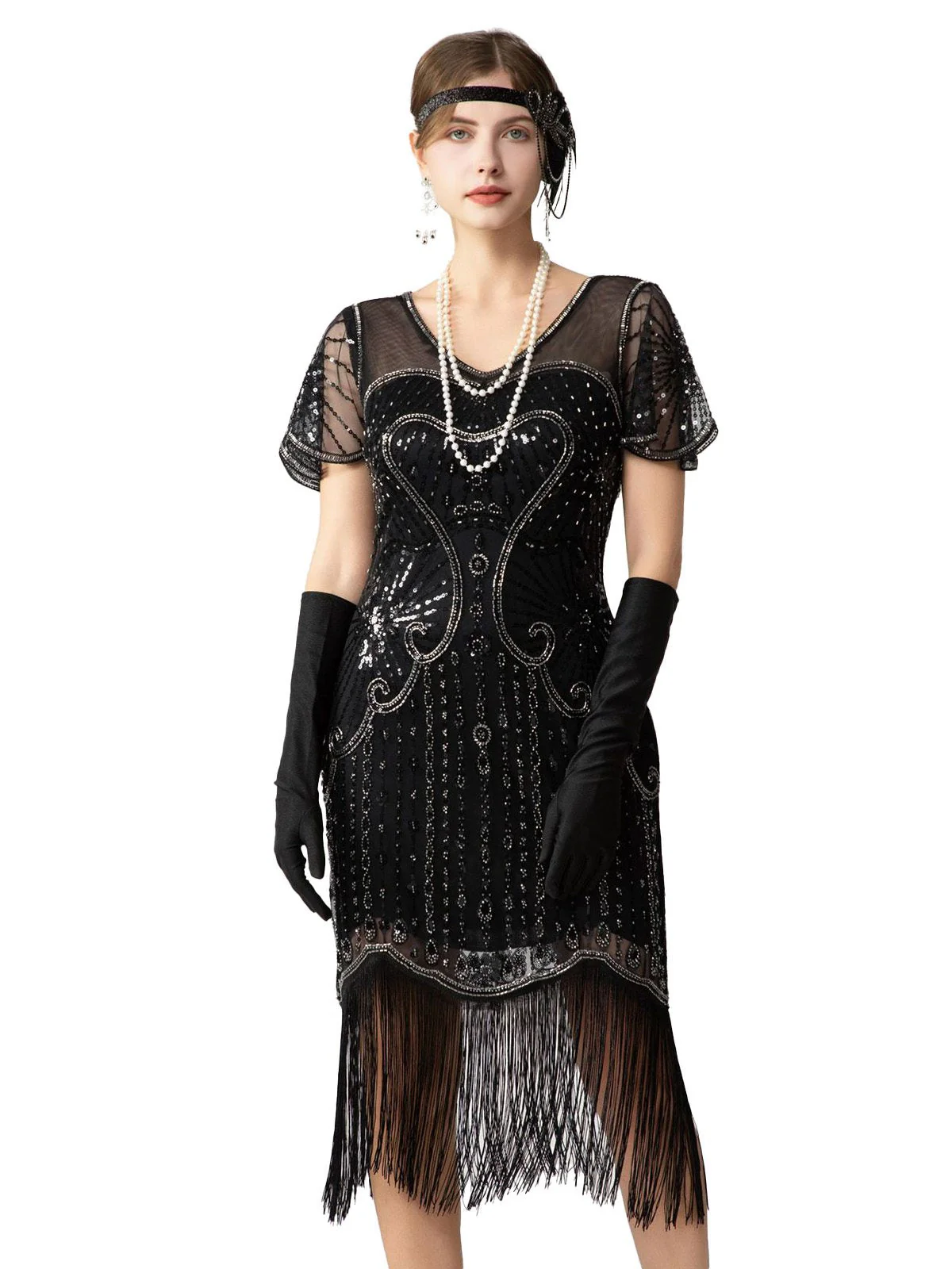 Schwarz & Gold 1920er Pailletten Perlen Fransen Charleston Kleid - Image 6