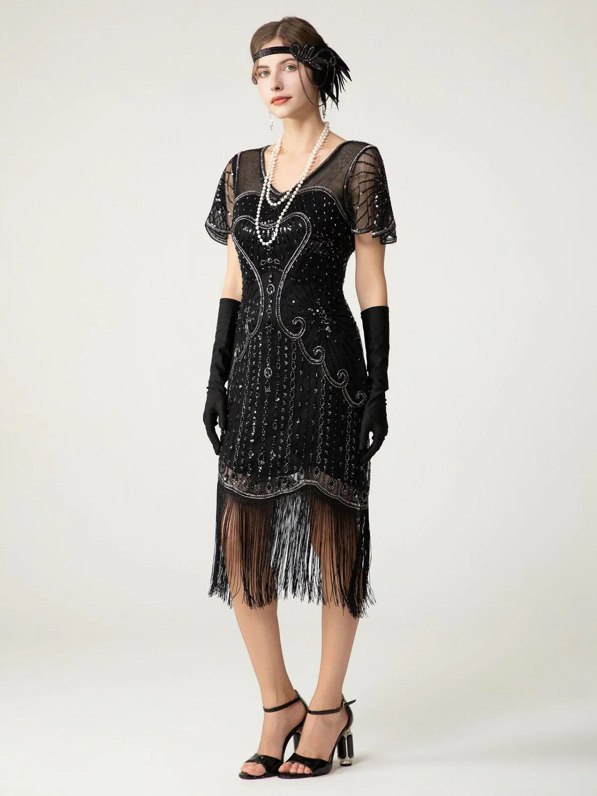 Schwarz & Gold 1920er Pailletten Perlen Fransen Charleston Kleid - Image 7