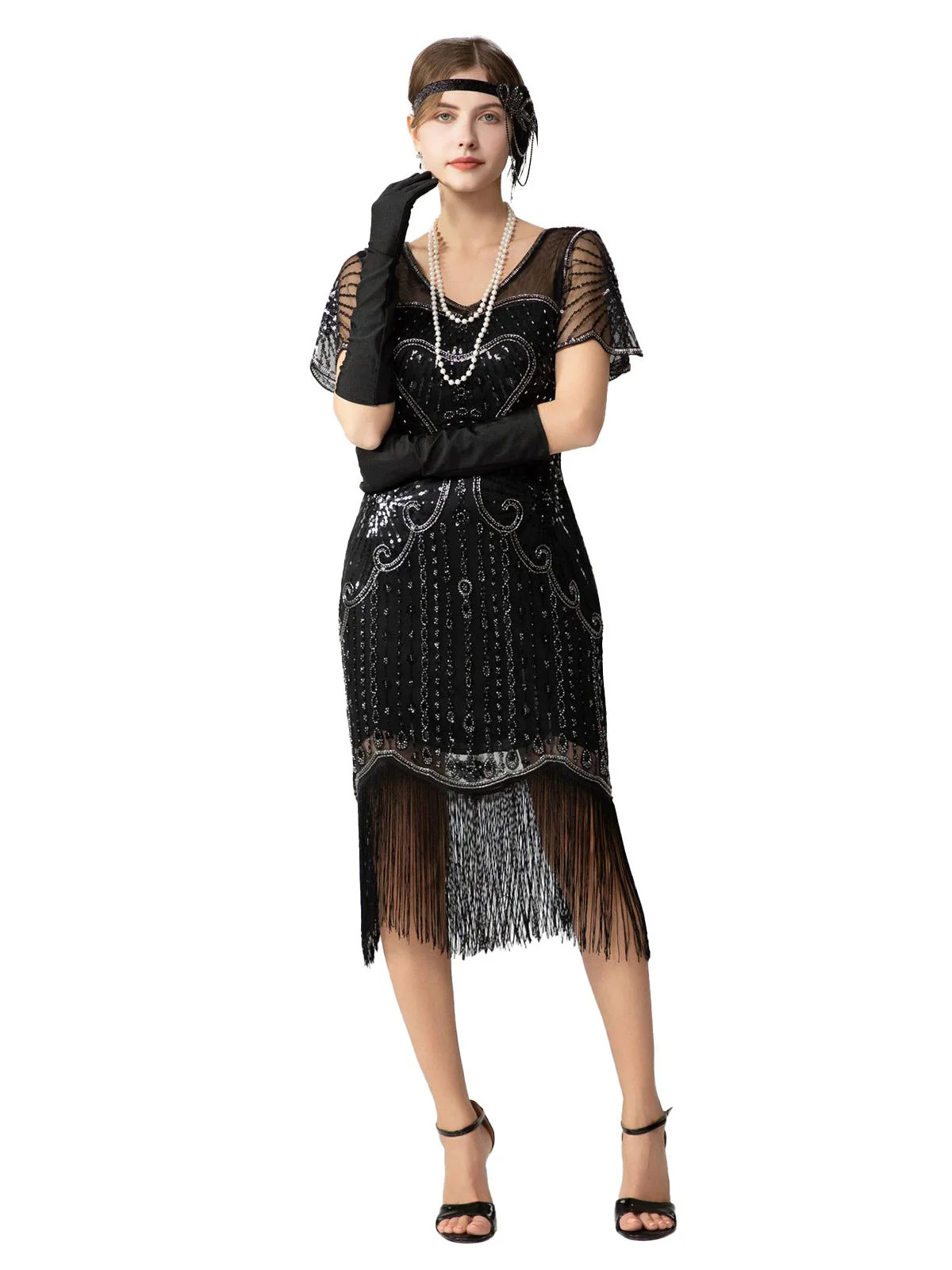 Schwarz & Gold 1920er Pailletten Perlen Fransen Charleston Kleid - Image 8