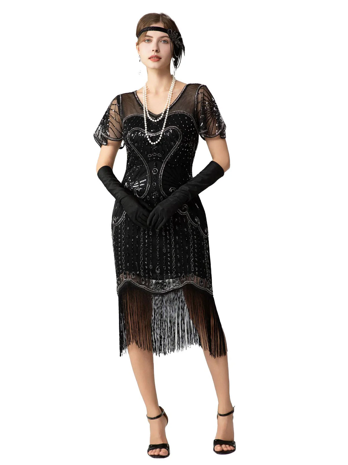Schwarz & Gold 1920er Pailletten Perlen Fransen Charleston Kleid - Image 9