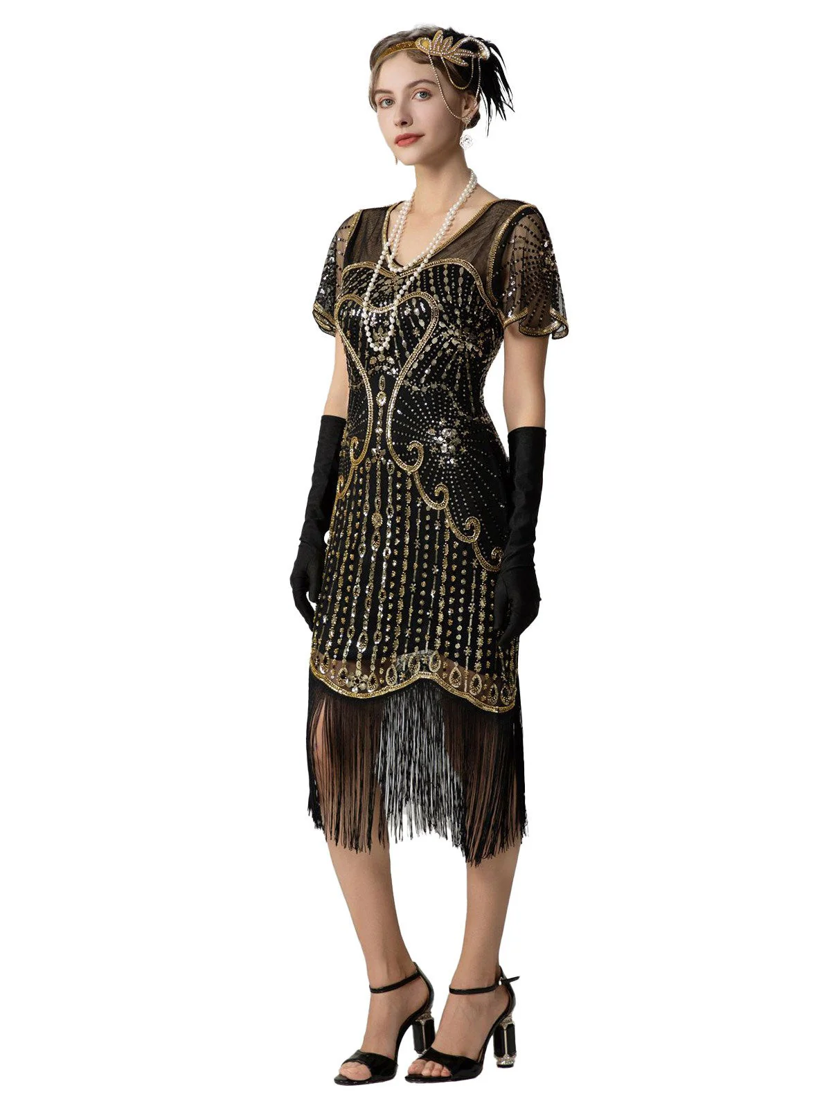 Schwarz & Gold 1920er Pailletten Perlen Fransen Charleston Kleid - Image 2